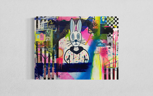 An original 30"x40" painting by Chicago Artist Sarah Henry in abstract expressionist style with graffiti and street art elements hangs on a white wall. The art showcases the struggle of economic mobility for the working, middle, and lower classes with visual commentary on the housing crises, student loan debt, global warming, economic volatility, increasing cost of living, and flat wage growth.