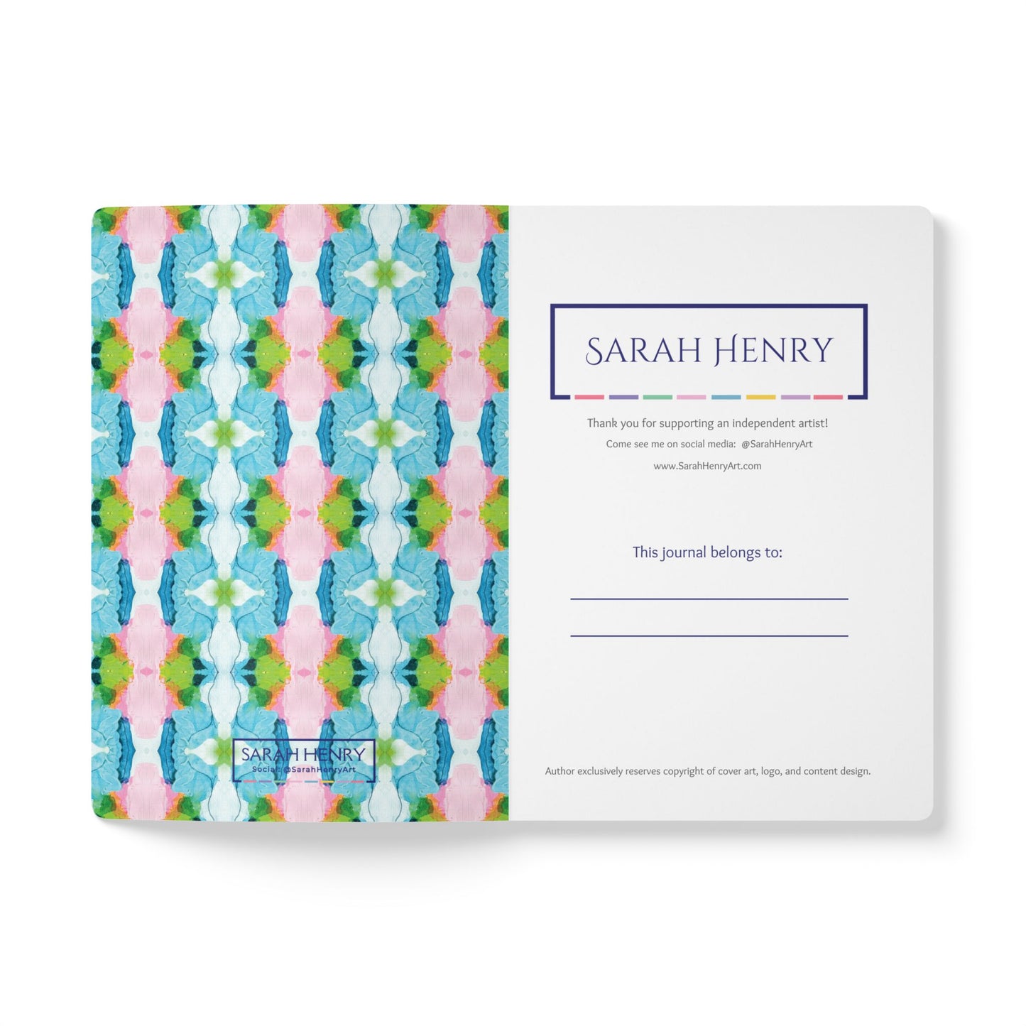 Inside cover of a softcover journal by Sarah Henry featuring colorful abstract design of Blossom pattern and personalization area.