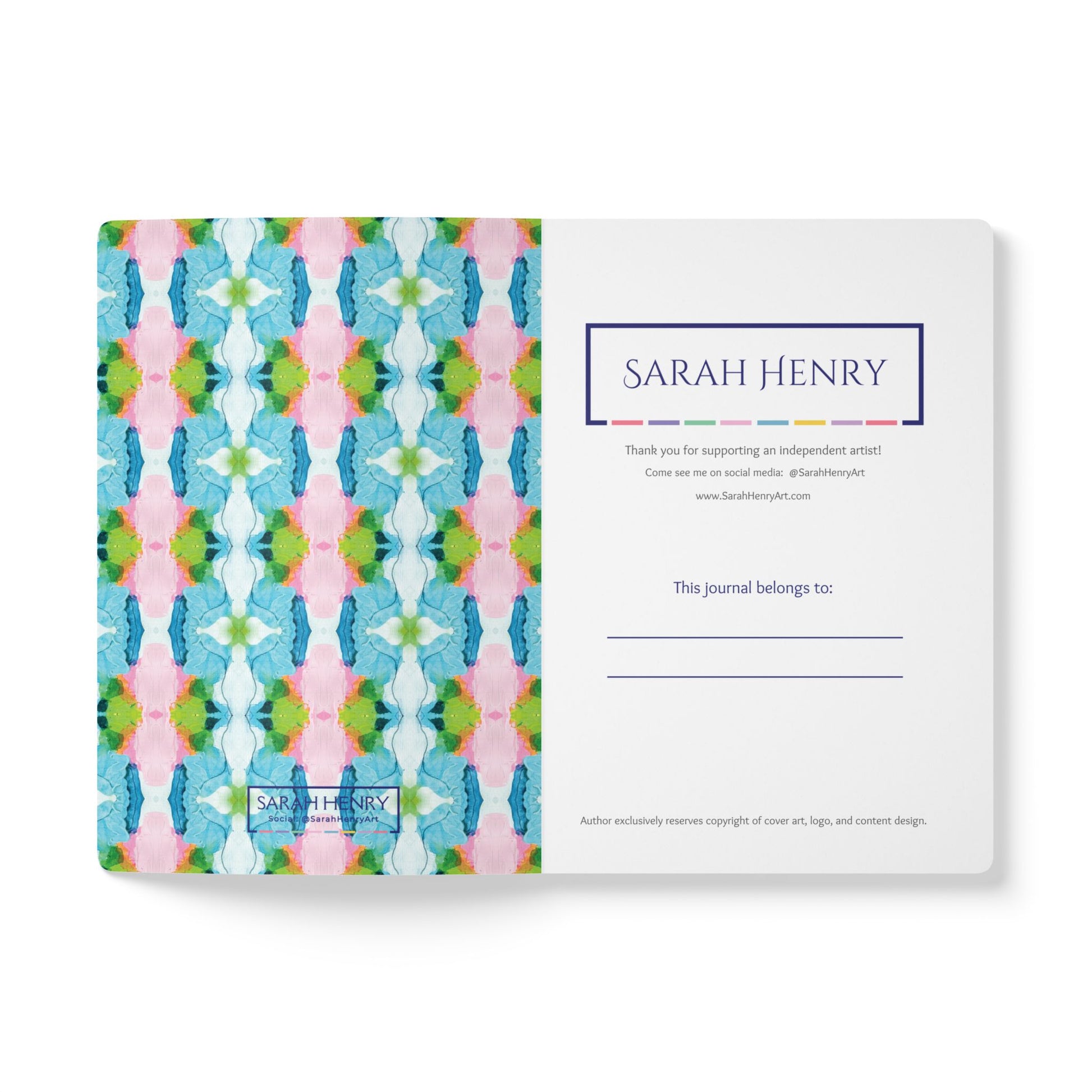 Inside cover of a softcover journal by Sarah Henry featuring colorful abstract design of Blossom pattern and personalization area.