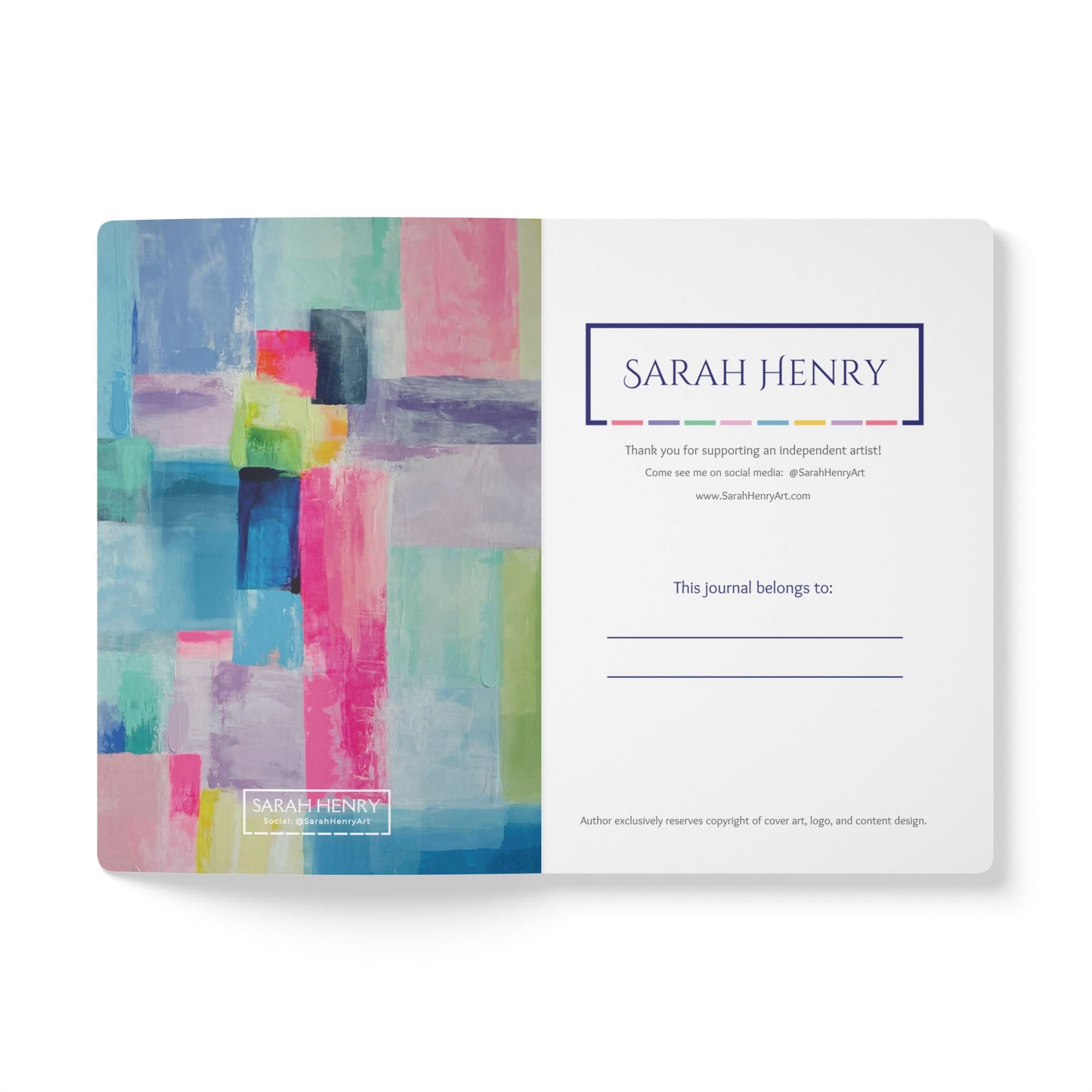 Inside cover of a softcover journal by Sarah Henry featuring colorful abstract design and personalization area.