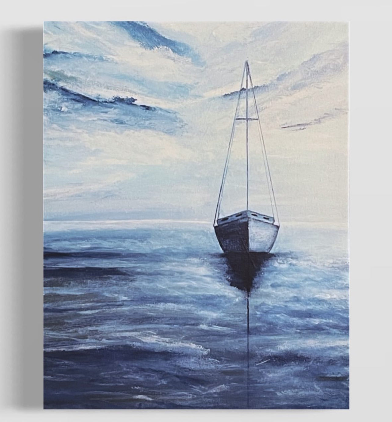 Fine Art Print, Smooth Sailing, giclee print of acrylic ocean painting with a solitary sailboat in blue