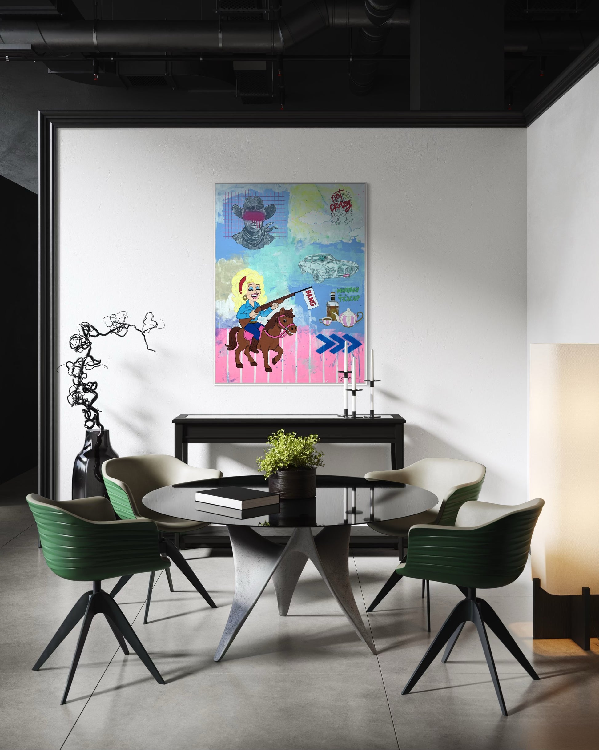 Modern dining room with a colorful Dolly Parton painting and abstract sculpture.