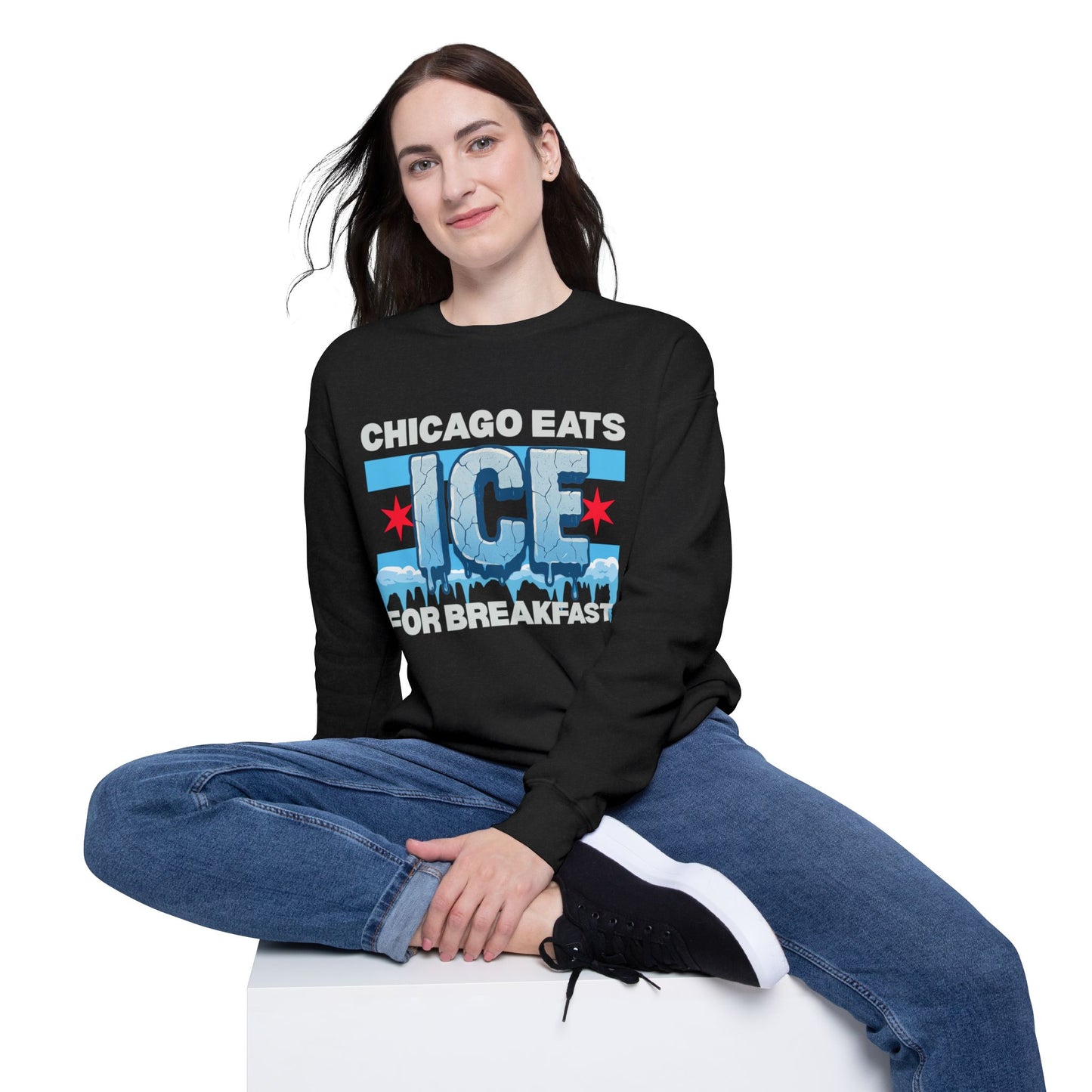 Chicago Eats Ice For Breakfast, Unisex Drop Shoulder Crewneck Sweatshirt