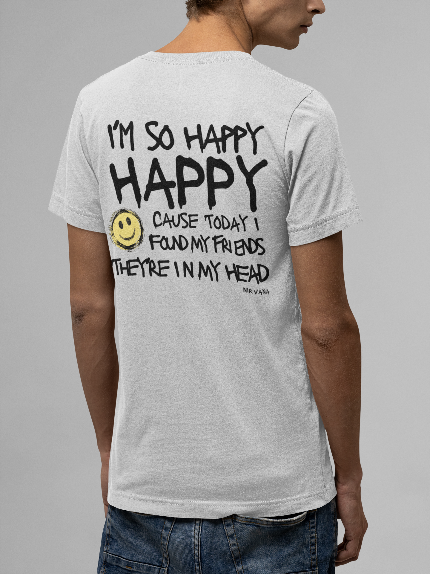 Unisex V-Neck Tshirt, I'm So Happy Yellow + Black Smiley Nirvana Shirt