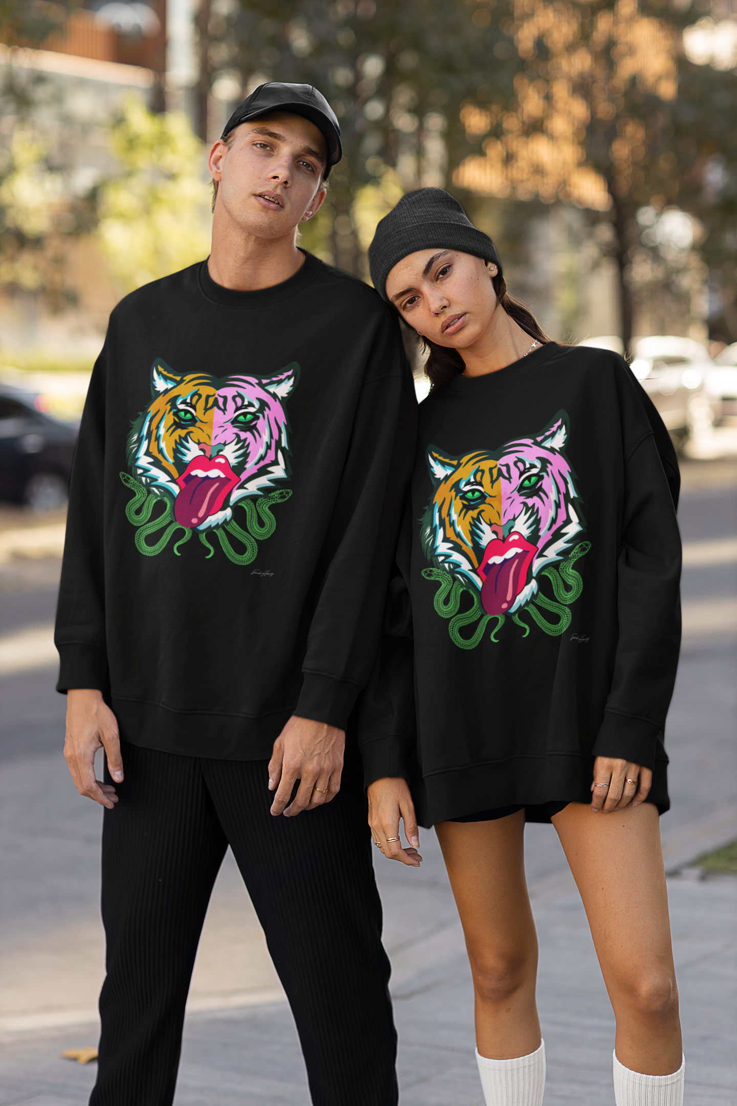 Kali unisex drop shoulder crewneck sweatshirt featuring a colorful tiger and Rolling Stones tongue graphic for eclectic dopamine dressing.
