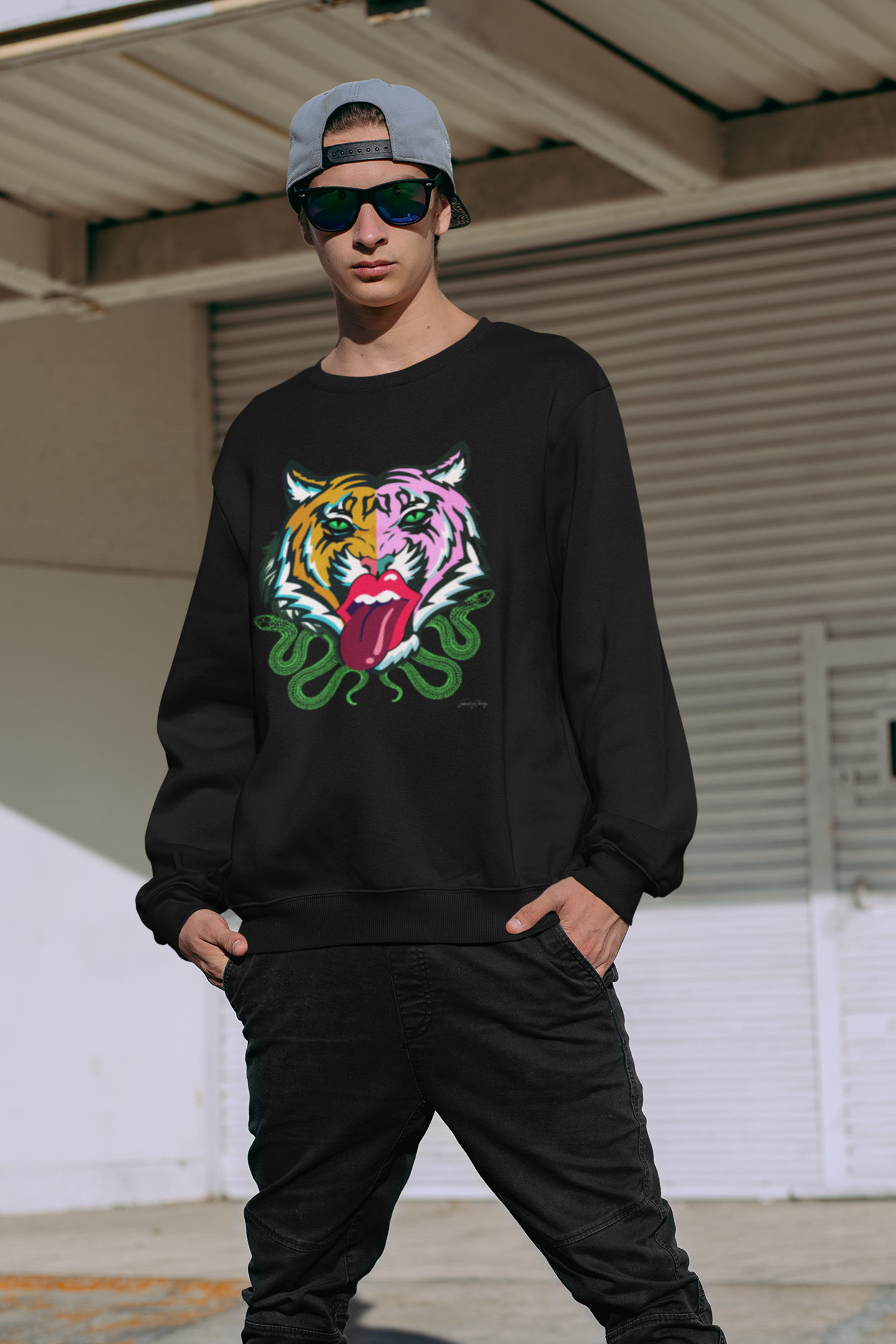 Kali unisex drop shoulder crewneck sweatshirt featuring eclectic tiger and Rolling Stones tongue graphic with snakes.