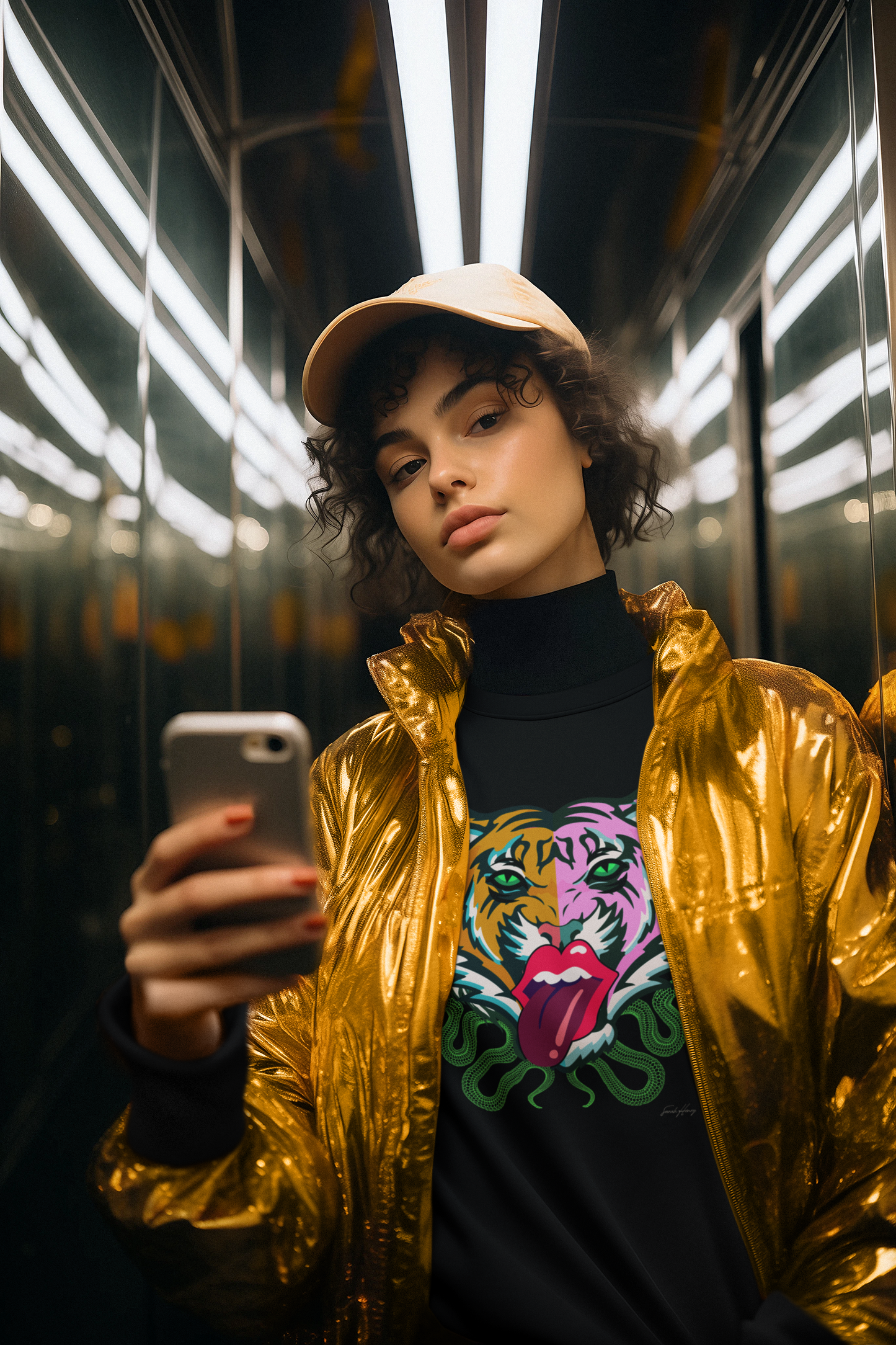 Kali unisex crewneck sweatshirt featuring vibrant tiger design with Rolling Stones tongue amidst a trendy urban backdrop.