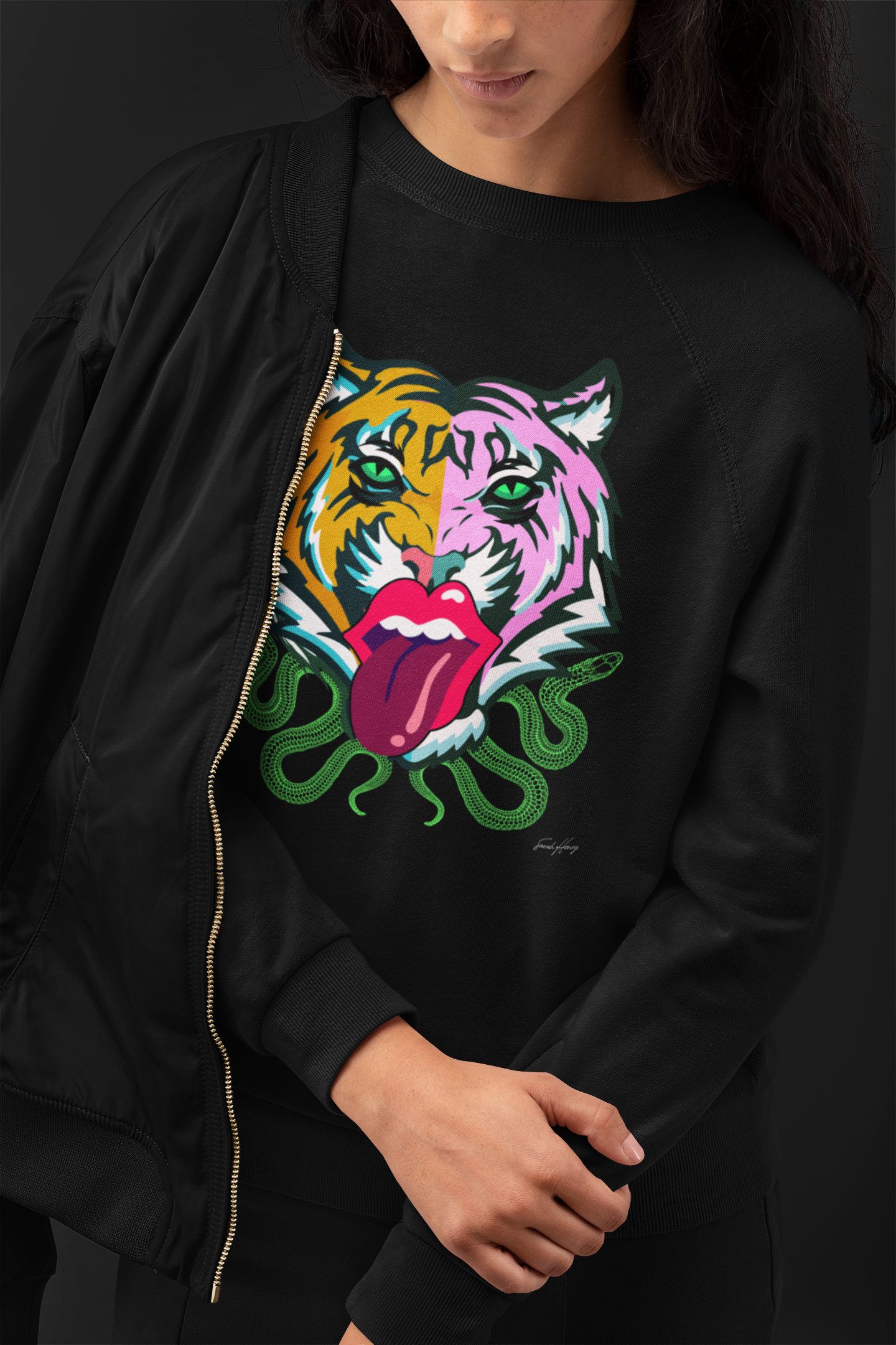 Kali unisex drop shoulder crewneck sweatshirt featuring colorful tiger face and Rolling Stones tongue design.