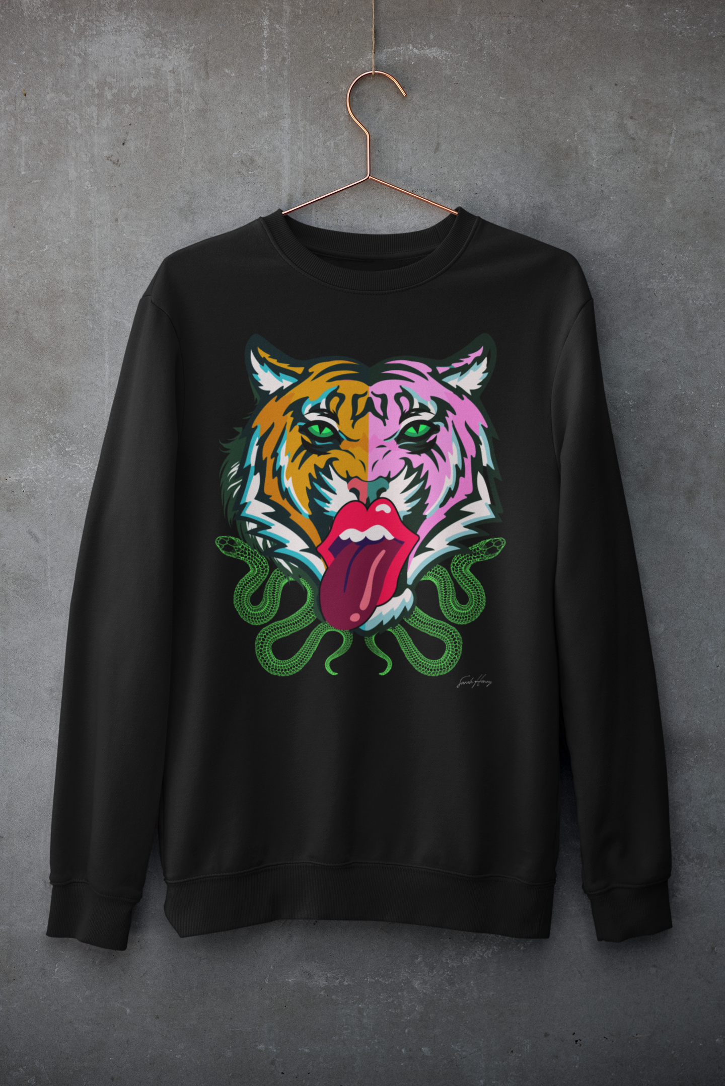 Kali unisex drop shoulder crewneck sweatshirt featuring a vibrant tiger and snakes graphic, perfect for eclectic dopamine dressing.