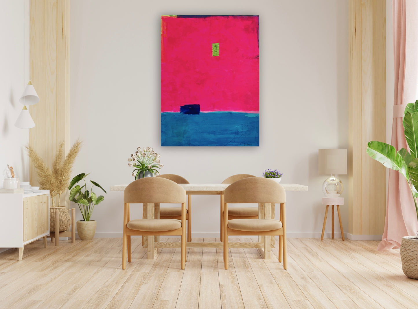 Oversized large abstract art features a bold composition of vibrant fuchsia pink occupying the upper portion and deep blue in the lower section. A small, ultramarine blue rectangular shape sits near the dividing line, while a tiny neon green rectangle is positioned slightly above the center. Along the top, the fluorescent pink stops short of the edge of the canvas, showing a small border of blue, purple, and neon yellow. The 36"x48" original painting hangs on a white wall in a Scandinavian dining room.