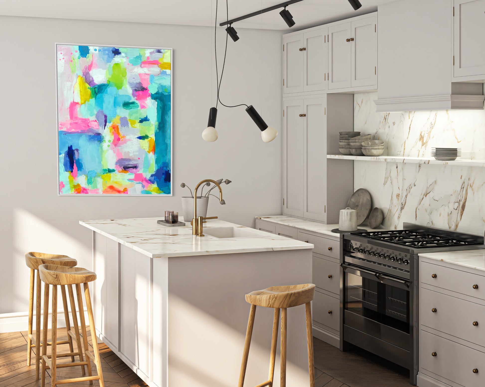 The Dolly Original Abstract Painting by Sarah Henry as part of the Happy Art Collection, shown hanging on the wall in a modern white kitchen with Carrera marble countertops and backsplash, white cabinets, a gas range oven, and three light wood barstools.