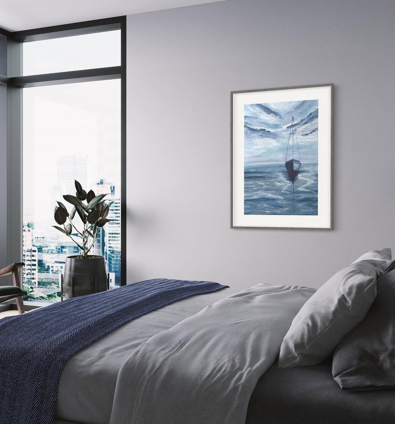 Fine Art Print, Smooth Sailing, giclee print of acrylic ocean painting with a solitary sailboat in blue
