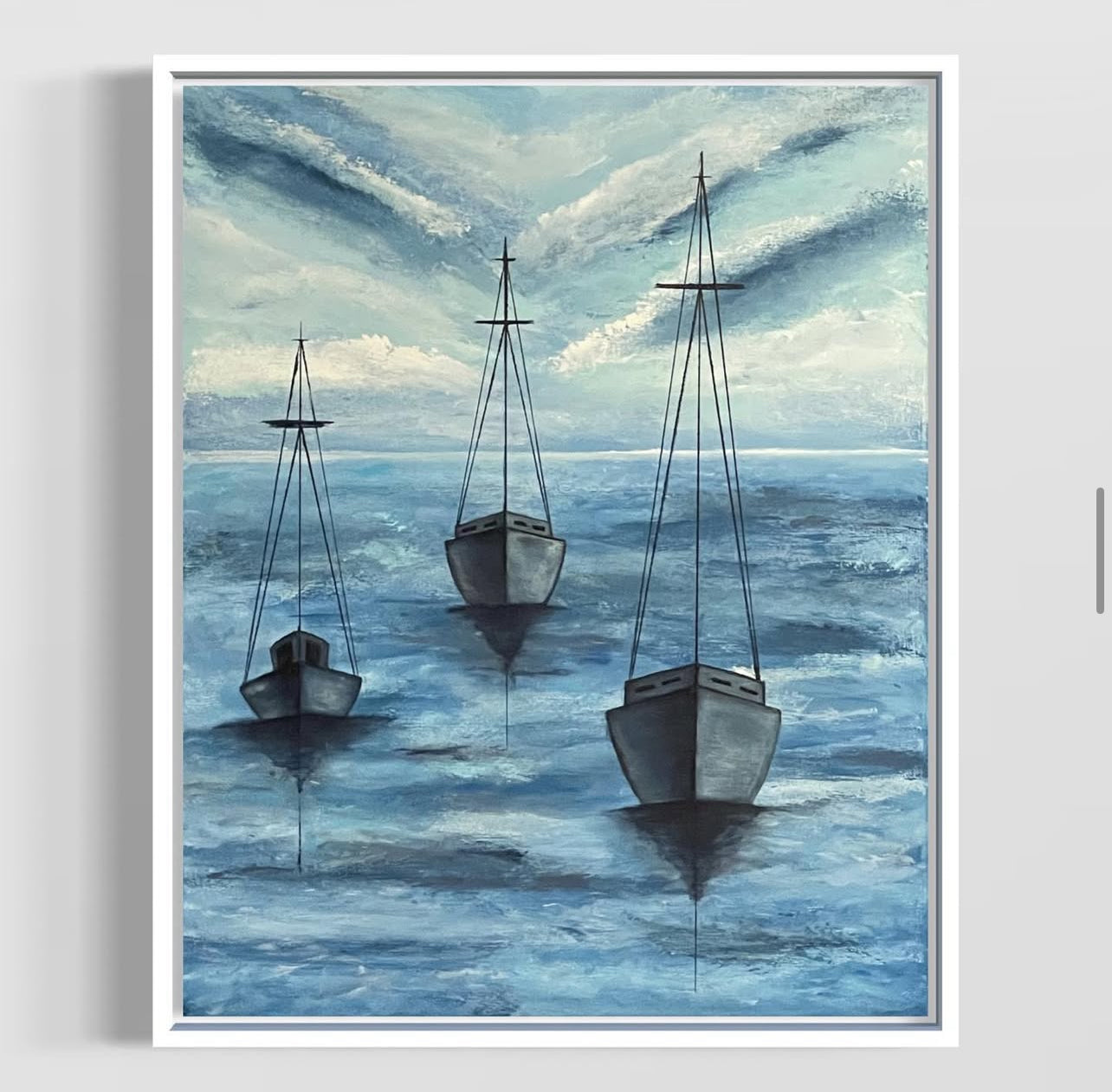 Monroe Harbor Chicago, 20"x24" original acrylic ocean painting of a solitary sailboat in blue