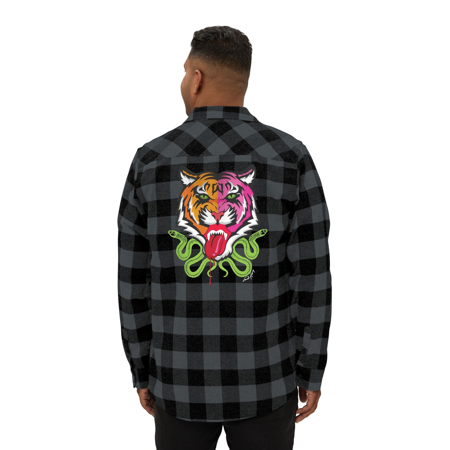 Kali Unisex Flannel Shirt – Bold Tiger Graphic on Black Buffalo Plaid