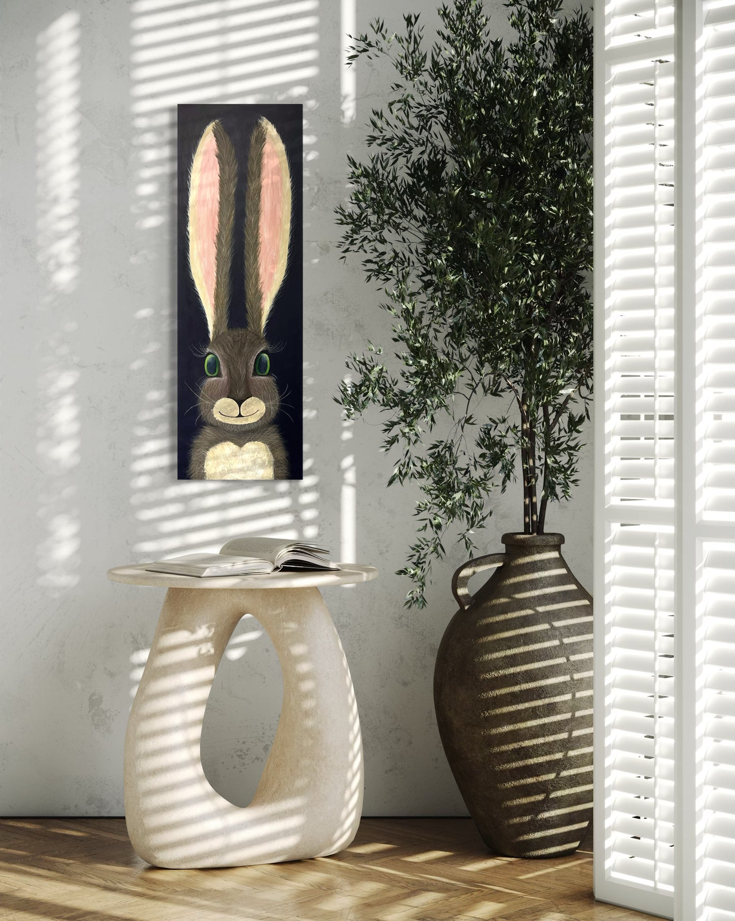 Harriet the Hare, 12"x36" Oblong Original Painting of a Rabbit, Hare, Bunny with Navy Blue Background