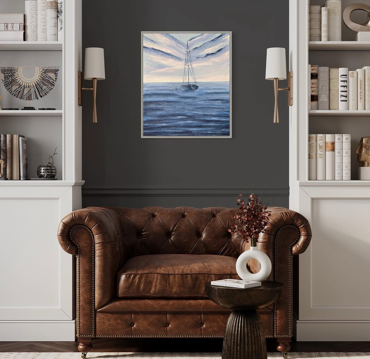 Stay Anchored, 20"x24" original acrylic ocean painting of a solitary sailboat in blue