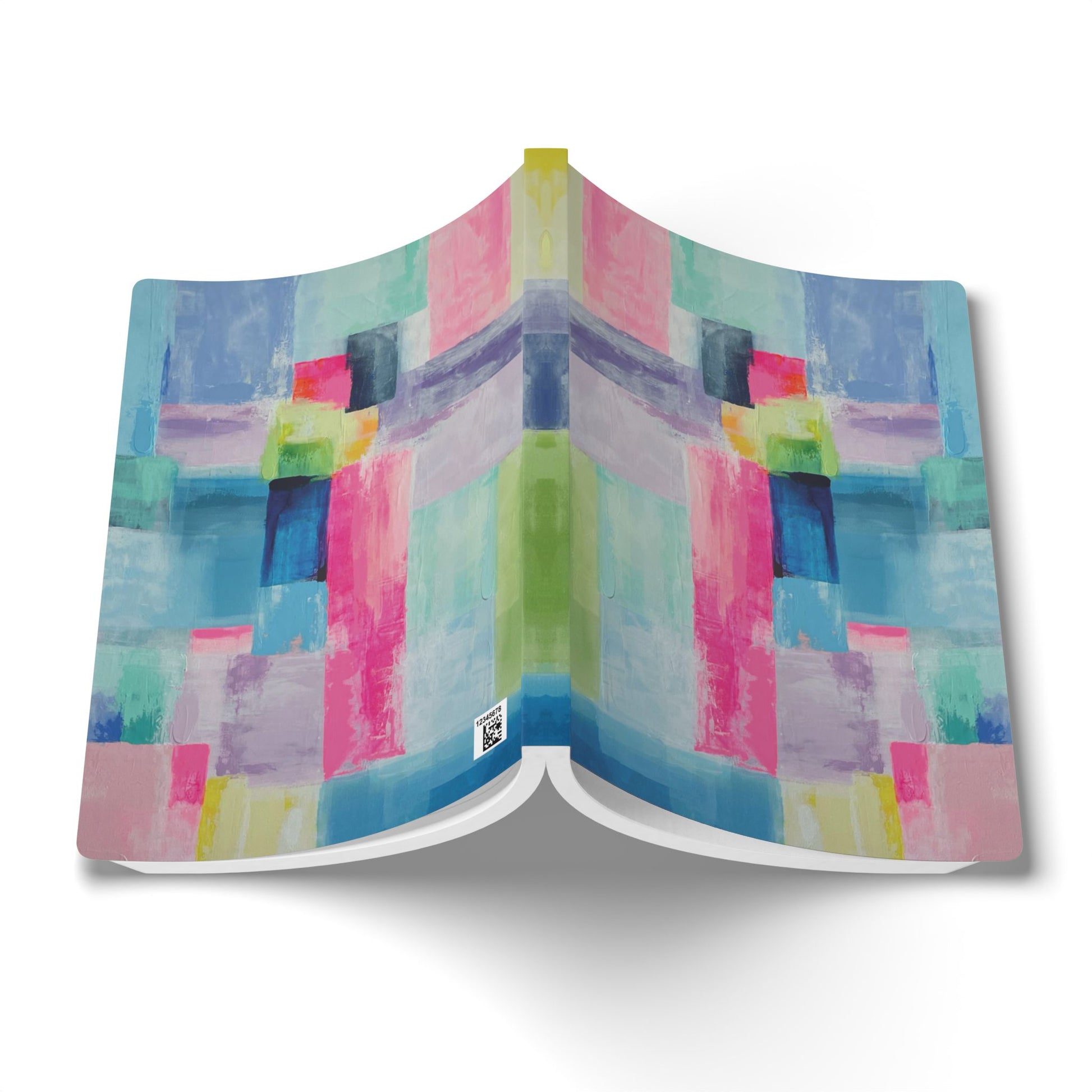 An open softcover journal featuring an abstract design, perfect for note-taking in grand millennial preppy style using original abstract art titled jelly donut by Sarah Henry