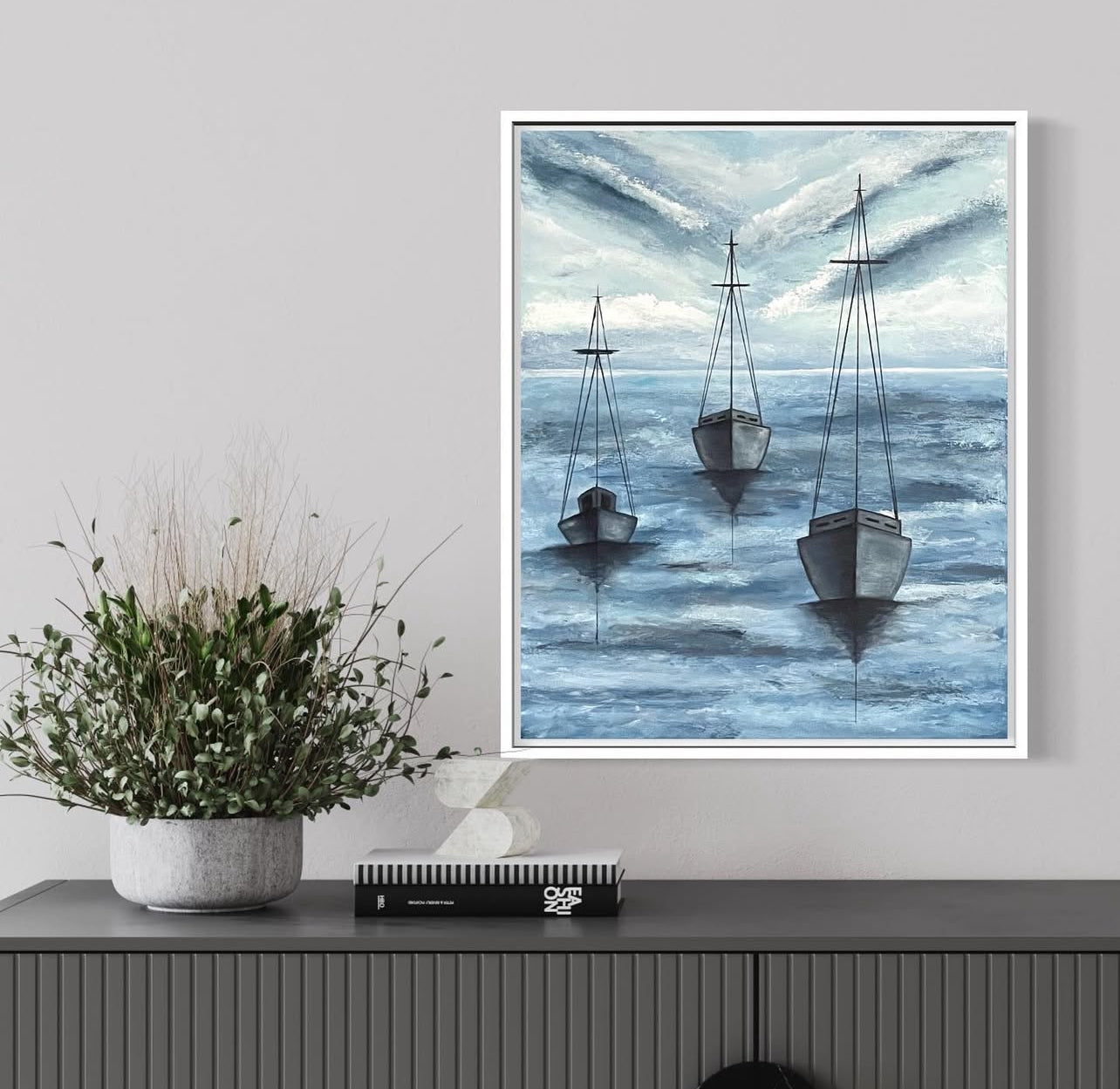 Monroe Harbor Chicago, 20"x24" original acrylic ocean painting of a solitary sailboat in blue
