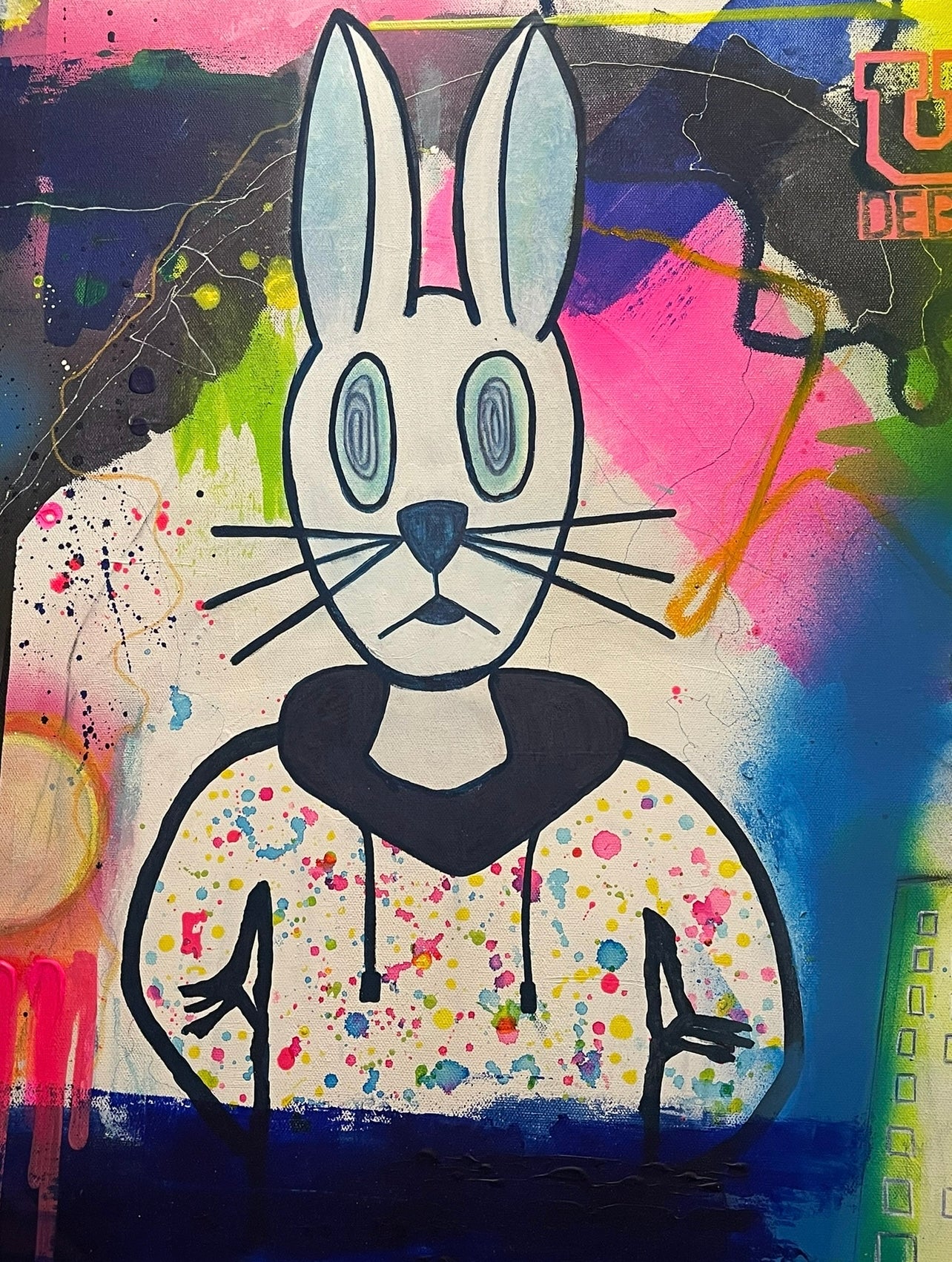 An original 30"x40" painting by Chicago Artist Sarah Henry in abstract expressionist style with graffiti and street art elements, zoomed into to show the detail of a white rabbit with hypnotized spiral eyes wearing a hoodie splashed with paint. The art showcases the struggle of economic mobility for the working, middle, and lower classes with visual commentary on the housing crises, student loan debt, global warming, economic volatility, increasing cost of living, and flat wage growth.