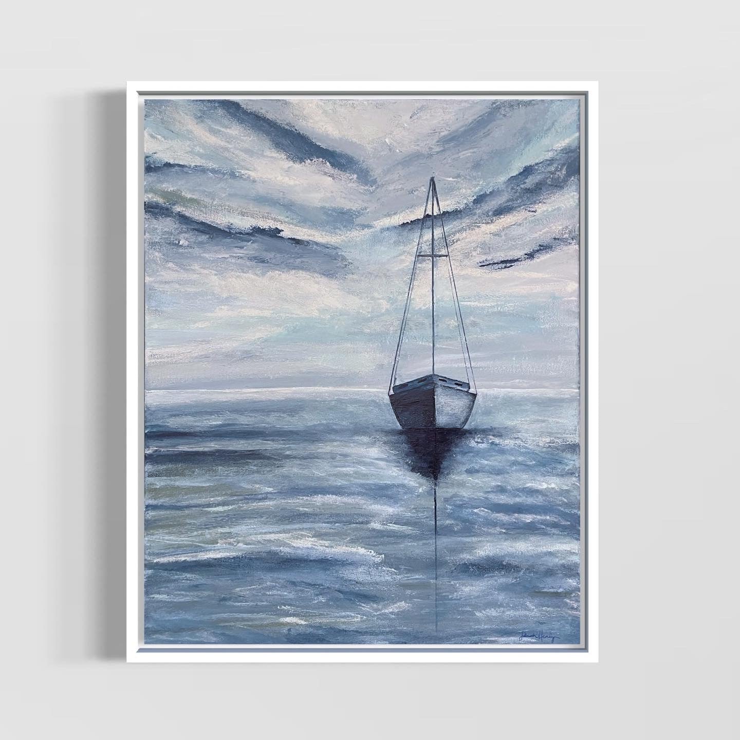 Smooth Sailing, 16"x20" original acrylic ocean painting of a solitary sailboat in blue