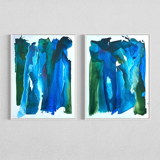 Aerial Original Diptych Abstract Painting in Blues and Greens