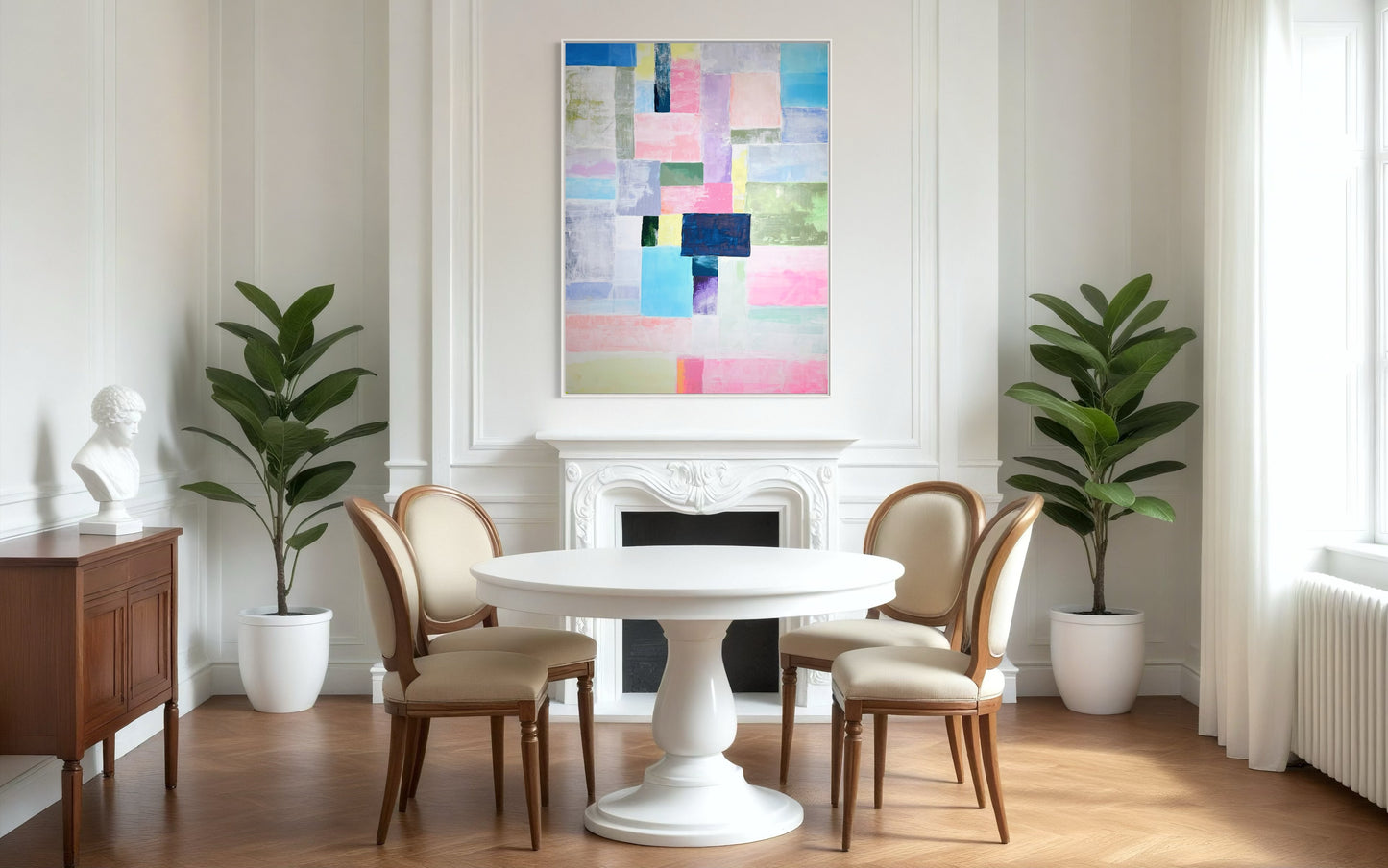 Colorful abstract geometric painting in pastel pink, blue, and green displayed above a white fireplace in a modern dining room.