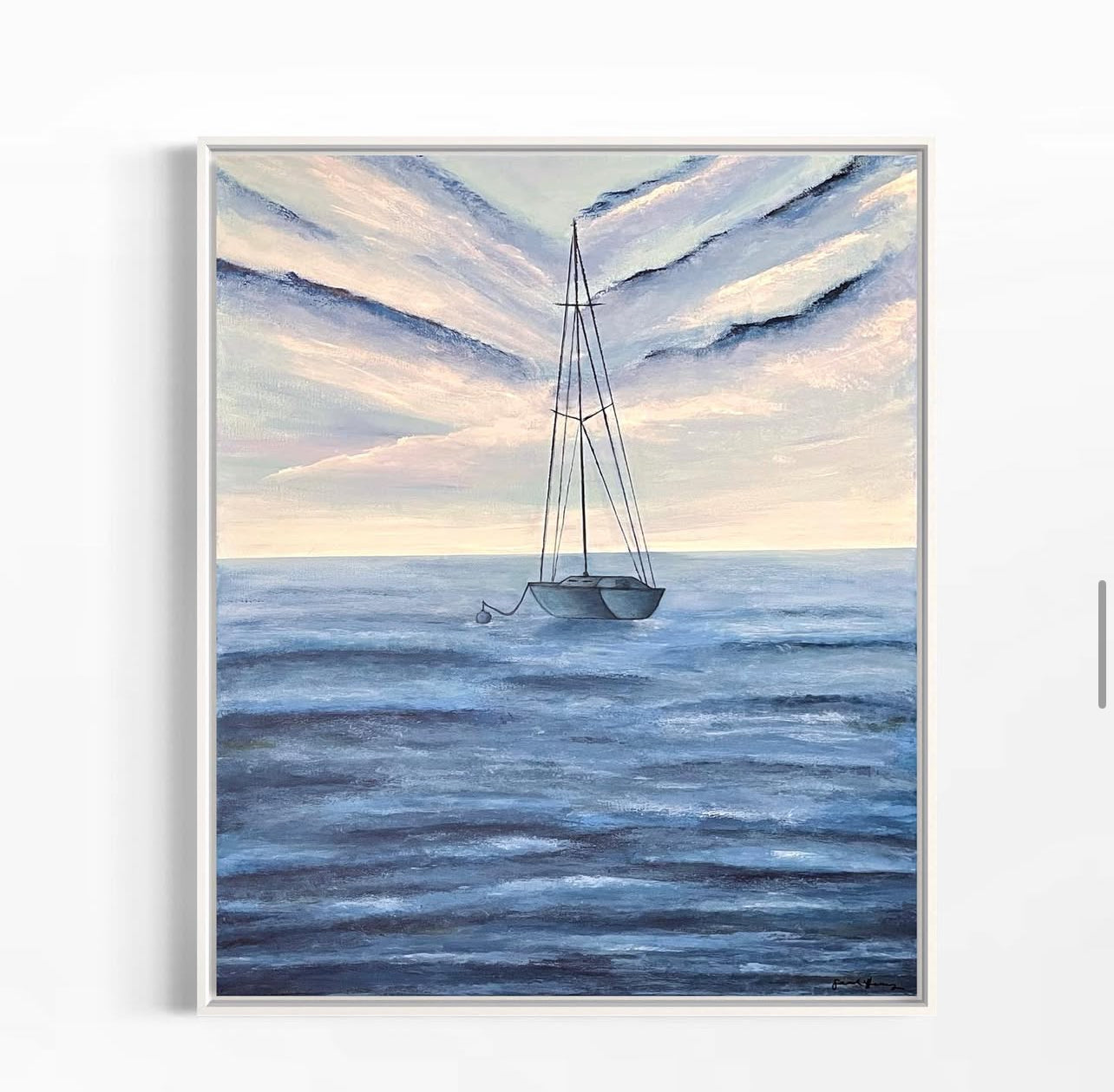 Stay Anchored, 20"x24" original acrylic ocean painting of a solitary sailboat in blue