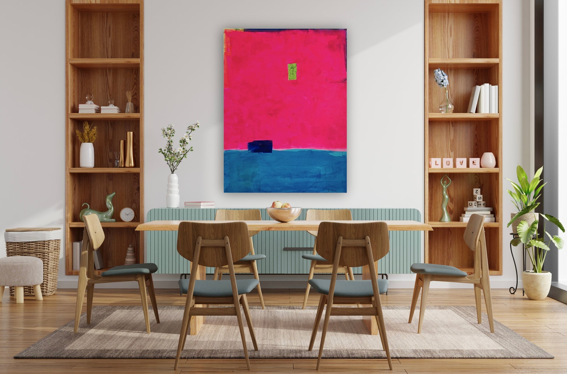 Oversized large abstract art features a bold composition of vibrant fuchsia pink occupying the upper portion and deep blue in the lower section. A small, ultramarine blue rectangular shape sits near the dividing line, while a tiny neon green rectangle is positioned slightly above the center. Along the top, the fluorescent pink stops short of the edge of the canvas, showing a small border of blue, purple, and neon yellow. The 36"x48" original painting hangs on a white wall in a contemporary dining room.