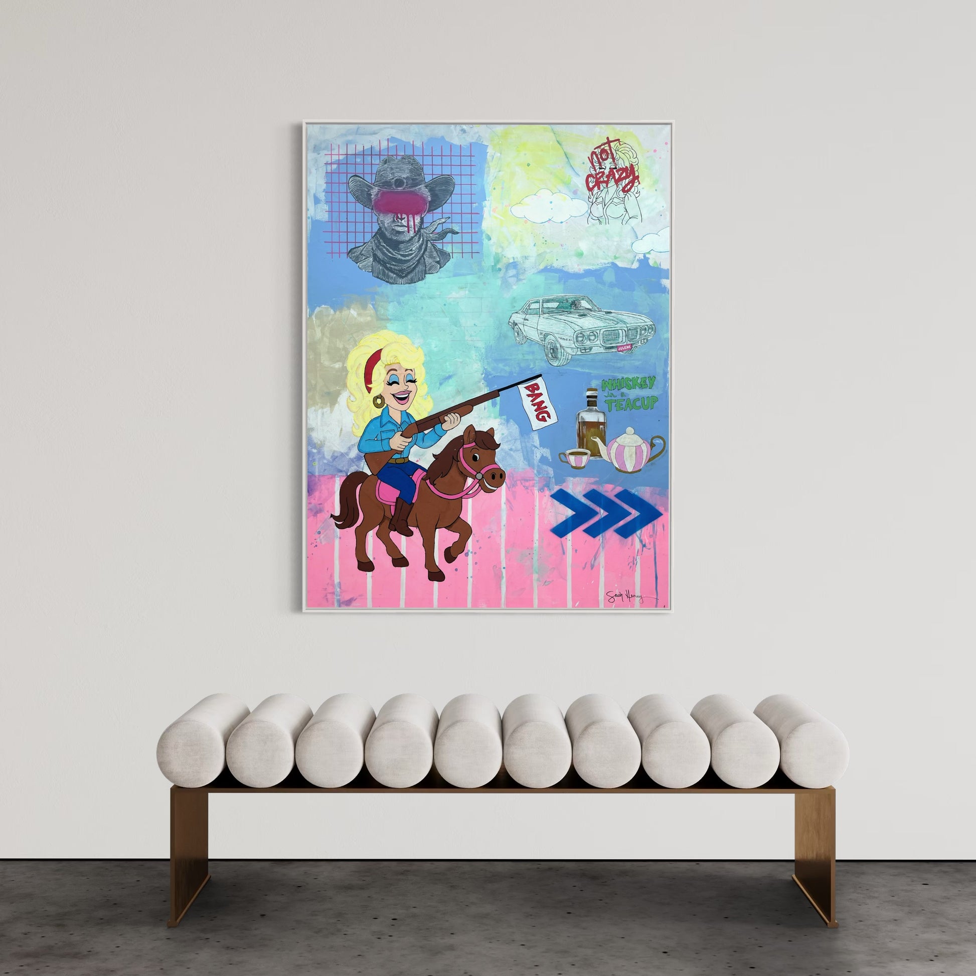Original expressionist painting featuring cartoon-style Dolly Parton riding a pony with a rifle, set against a pastel-colored background with various playful and surreal elements, such as a hand-drawn cowboy and a vintage car. The painting is displayed above a modern bench with a unique design.