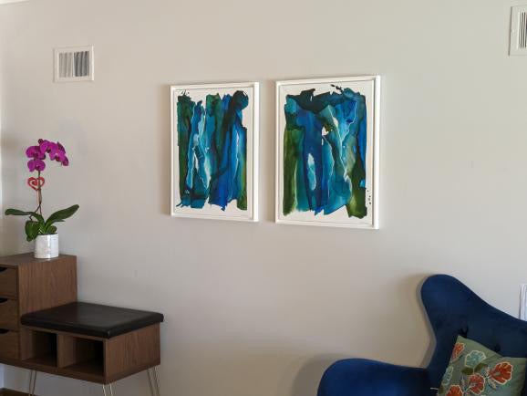 Aerial Original Diptych Abstract Painting in Blues and Greens