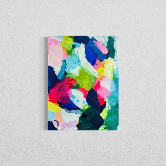 Mélange Mini is a 9"x12" canvas paper featuring a medley of happy colors, textures, and lines. Affordable original art for a bedroom, living room, entryway, hallway, or office wall art.
