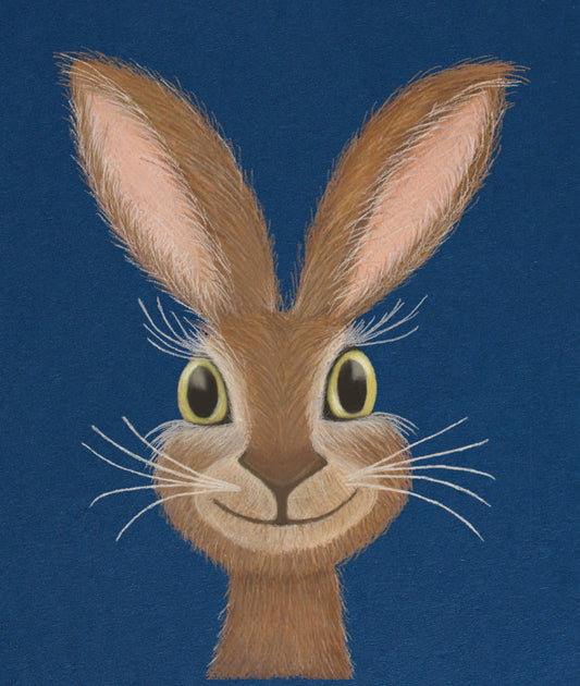 A charming rabbit with oversized eyes and ears is set against a deep blue background, giving it an expressive and whimsical appearance. The rabbit's smile and detailed fur contribute to its endearing character.