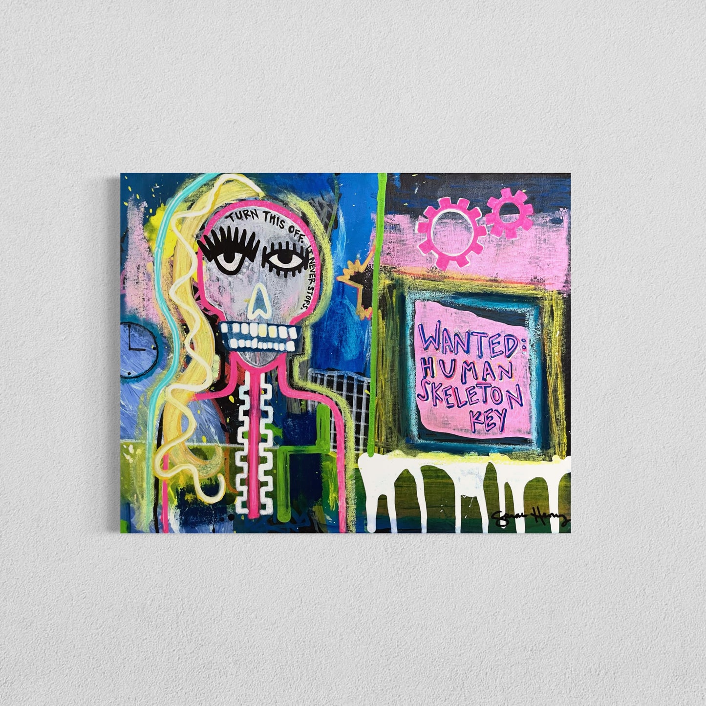 An abstract expressionist painting featuring a stylized skull with bold graffiti and street art elements. The artwork showcases a modern, vibrant color palette with chaotic brushstrokes, geometric patterns, and energetic splashes of paint. The skull has exaggerated eyelashes, a skeletal structure, and flowing blonde hair, blending surreal and urban aesthetics. The background consists of layered textures, electric blues, neon yellows, and dynamic grid-like patterns, evoking a sense of movement.