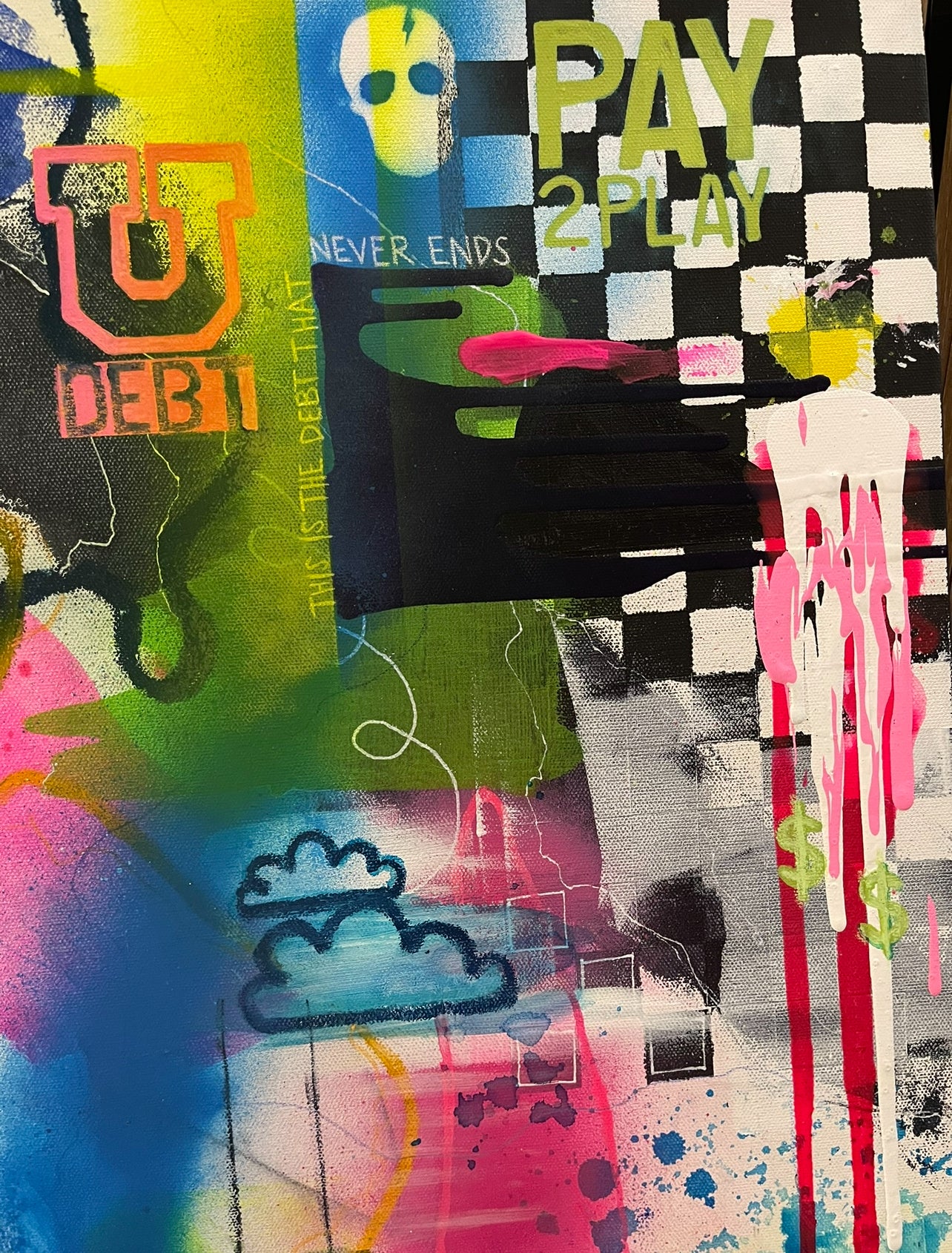 An original 30"x40" painting by Chicago Artist Sarah Henry in abstract expressionist style with graffiti and street art elements, zoomed into to show the detail of commentary on student loan debt and the diminished value of the four year college degree. The art showcases the struggle of economic mobility for the working, middle, and lower classes with visual commentary on the housing crises, student loan debt, global warming, economic volatility, increasing cost of living, and flat wage growth.