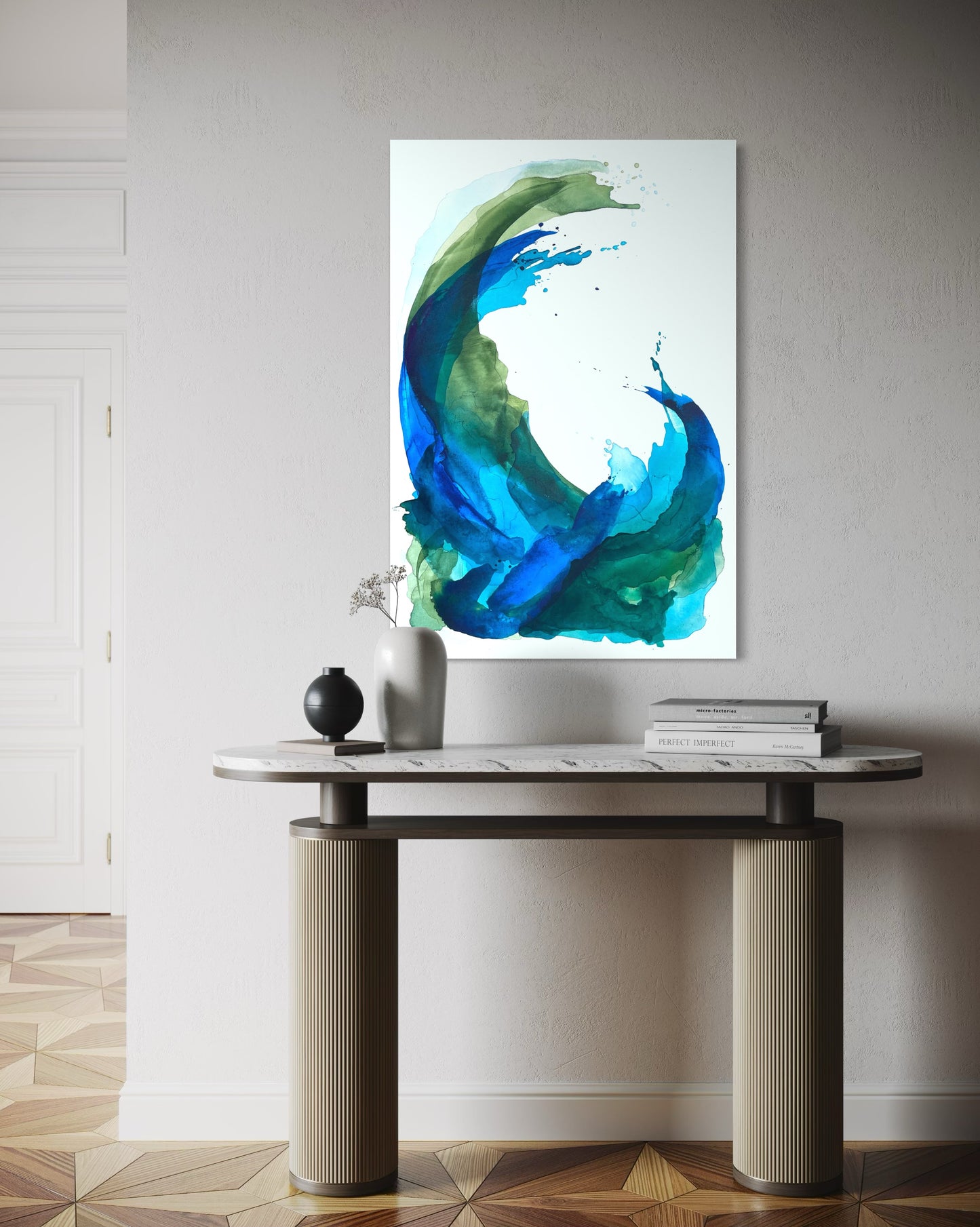 Before The Crash, 24"x36" Original Abstract Ocean Watercolor Painting in Blues and Greens