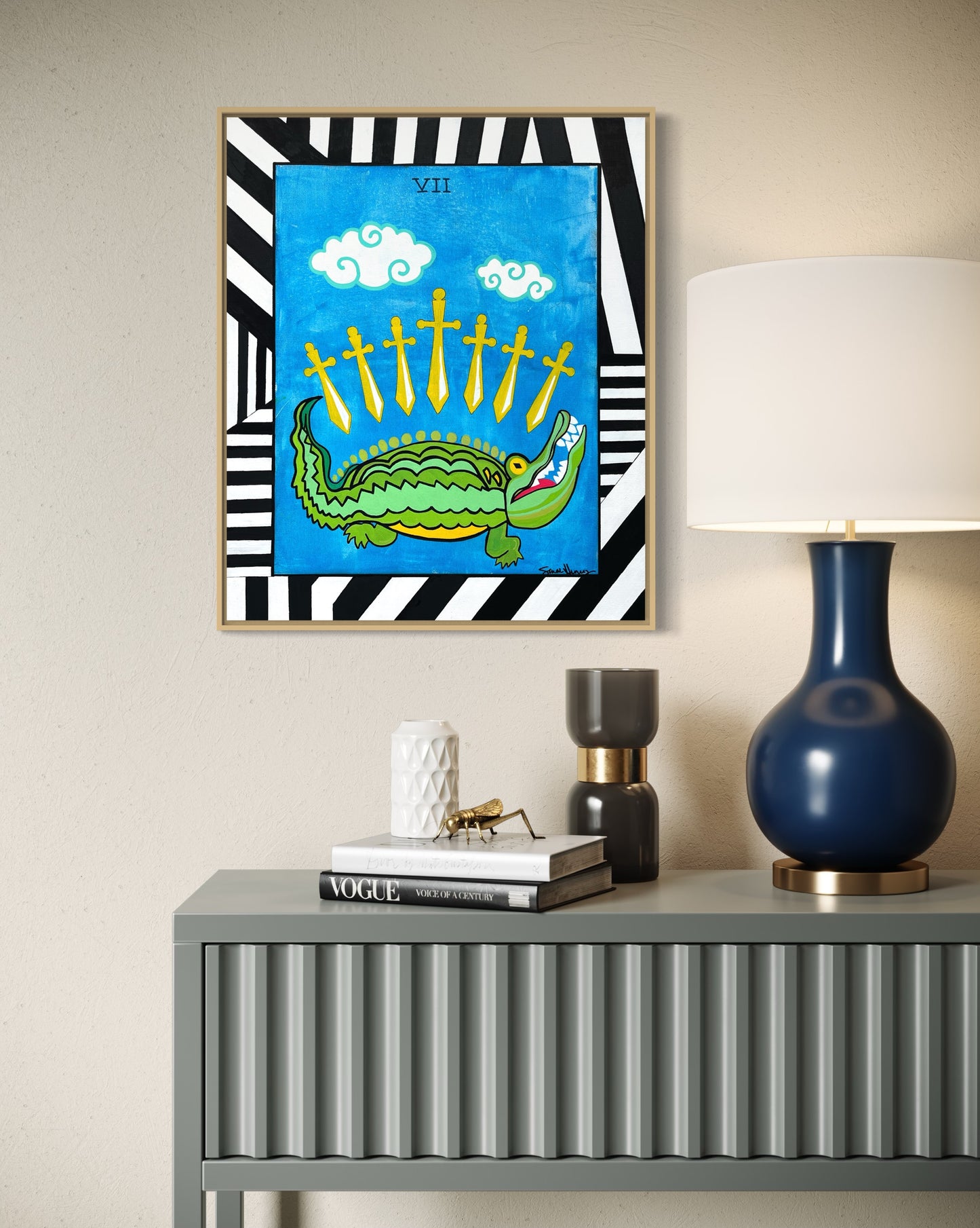 Seven of Swords Gator, 20"x24" Original Abstract Expressionist Painting