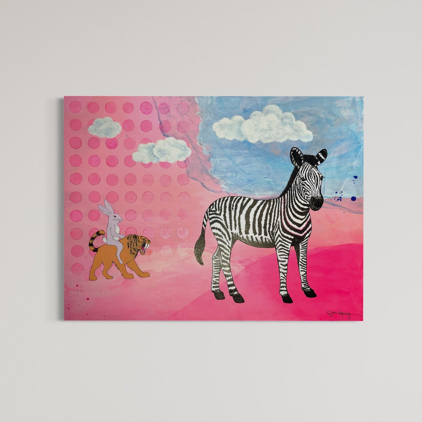 Surreal pink-blue abstract expressionism painting with zebra, rabbit riding a tiger, and clouds