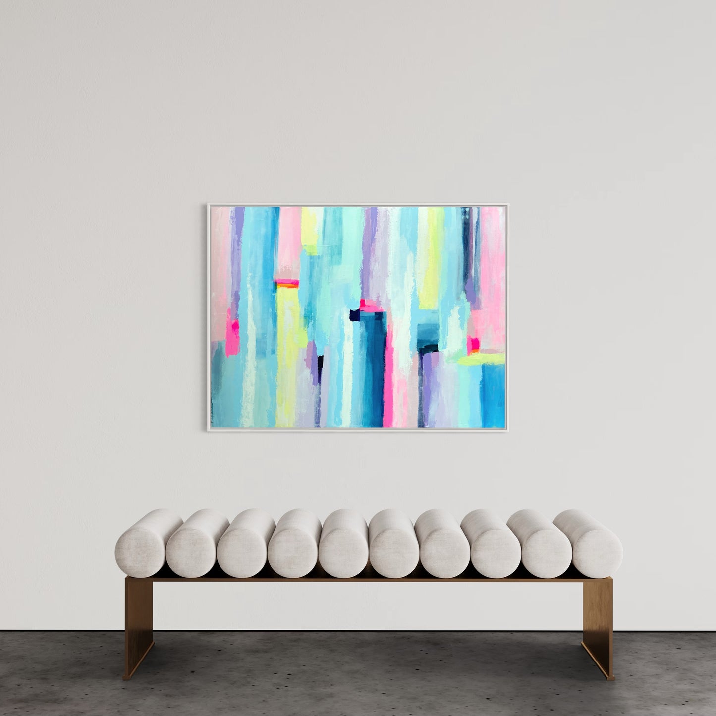 Abstract painting titled "Birdsong" featuring vibrant vertical brushstrokes in aqua, pink, yellow, lavender, and blue tones, evoking the rhythmic and uplifting feel of birdsong at dawn.