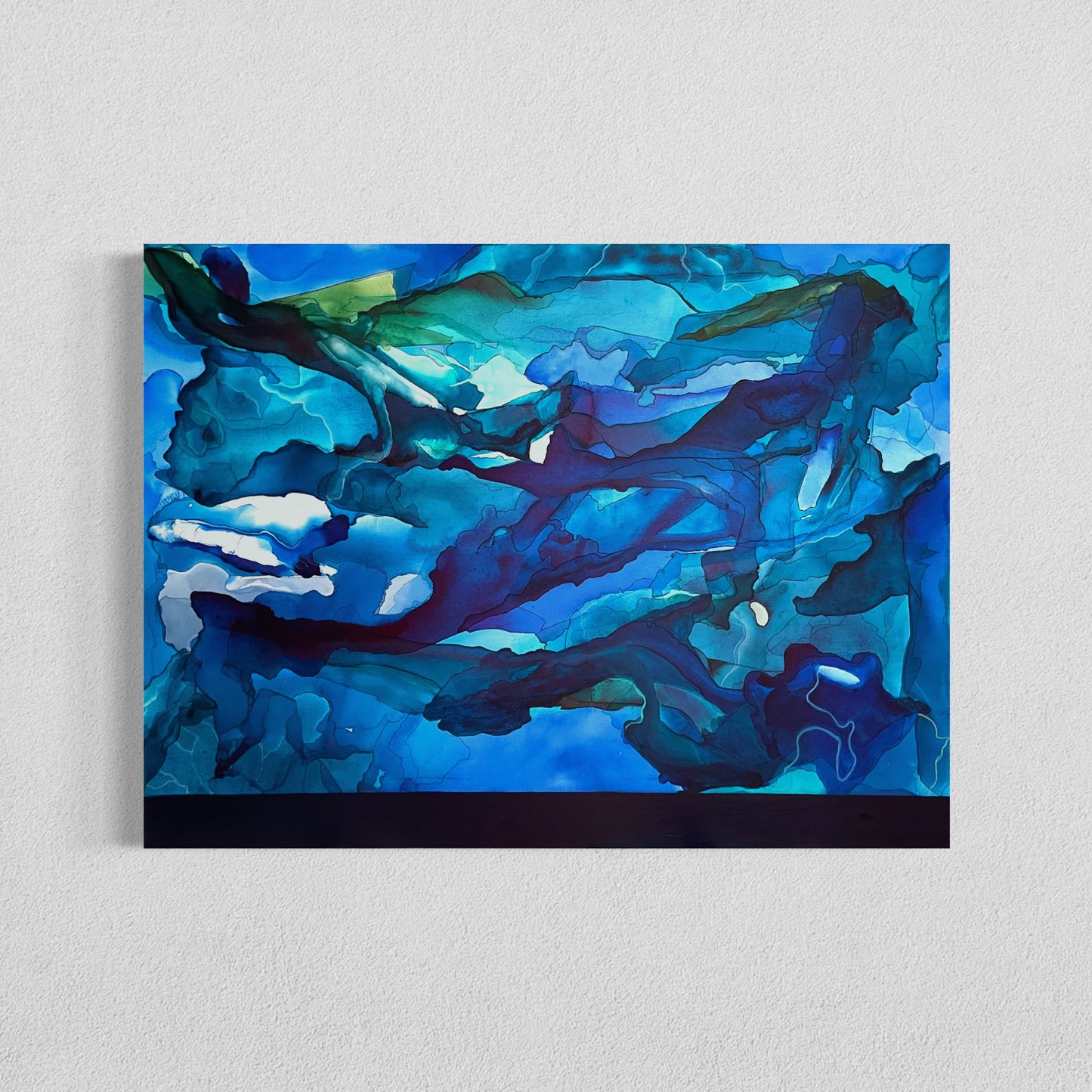 Abstract painting titled Stratified featuring fluid, layered forms in shades of turquoise, blue, and violet, evoking underwater rock formations and currents inspired by cenote-like caverns.