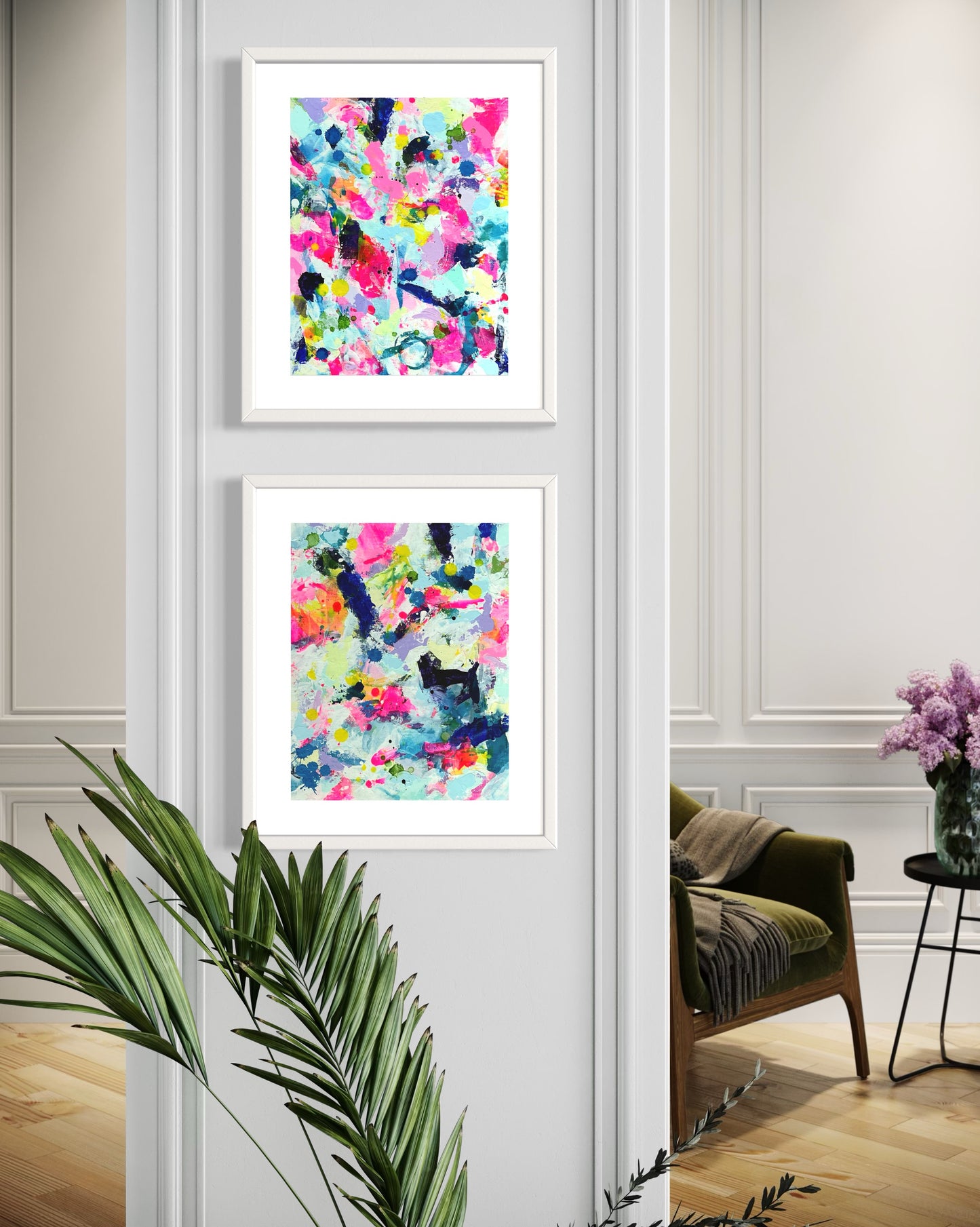 A modern gallery collection of abstract paintings featuring vibrant splashes of color, including pink, blue, yellow, green, purple and white. Each canvas is filled with expressive, energetic brushstrokes and layered paint splatters, creating a dynamic and contemporary composition. The affordable wall decor is arranged side by side on a white wall in hallway or entryway.