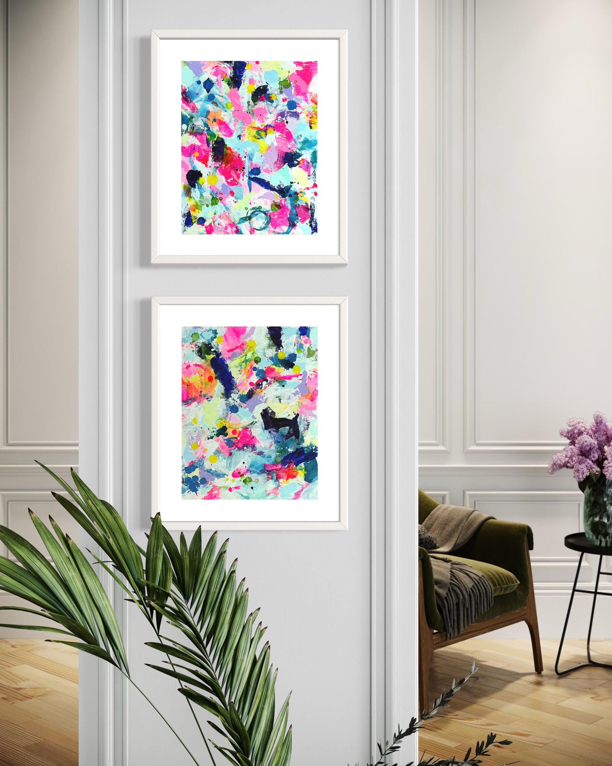 A modern gallery collection of abstract paintings featuring vibrant splashes of color, including pink, blue, yellow, green, purple and white. Each canvas is filled with expressive, energetic brushstrokes and layered paint splatters, creating a dynamic and contemporary composition. The affordable wall decor is arranged side by side on a white wall in hallway or entryway.