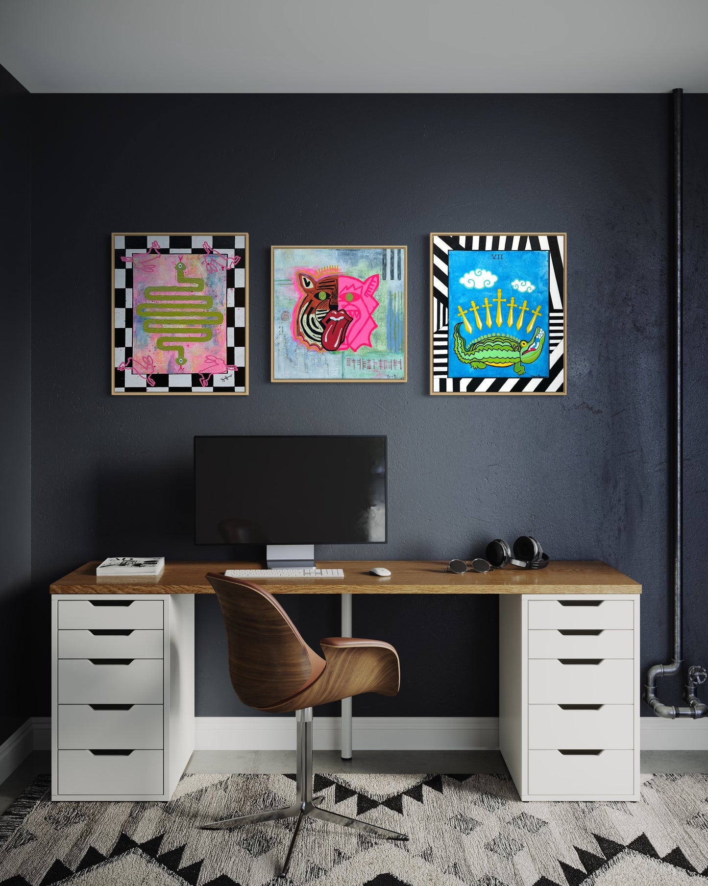 Three affordable abstract expressionist paintings from Sarah Henry Art featuring a snake, a tiger, and an alligator shown in a masculine decor setting of a home office. The wall art decor is textured and colorful.
