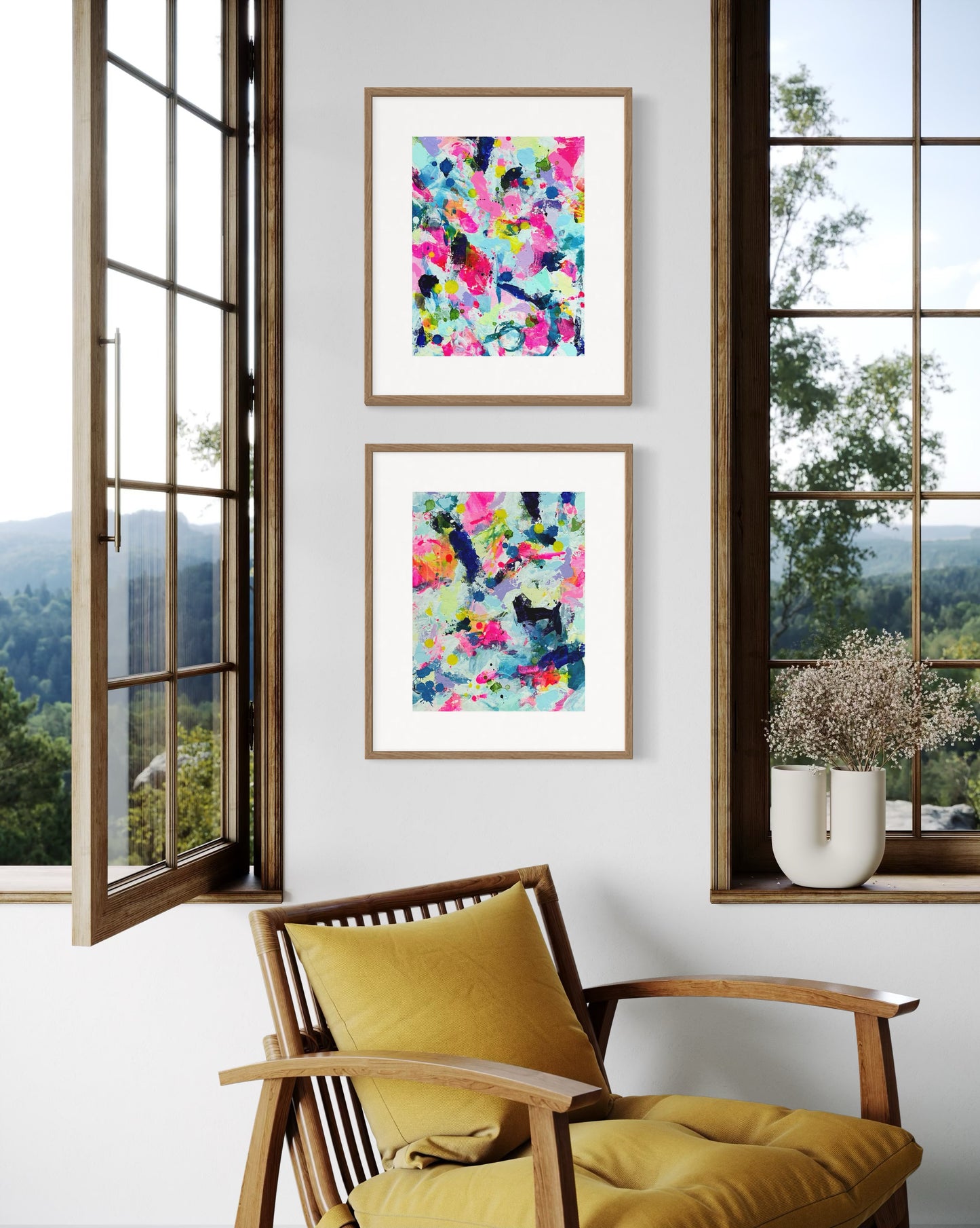 A modern gallery collection of abstract paintings featuring vibrant splashes of color, including pink, blue, yellow, green, purple and white. Each canvas is filled with expressive, energetic brushstrokes and layered paint splatters, creating a dynamic and contemporary composition. The affordable wall decor is arranged side by side on a white wall in a living room or playroom.
