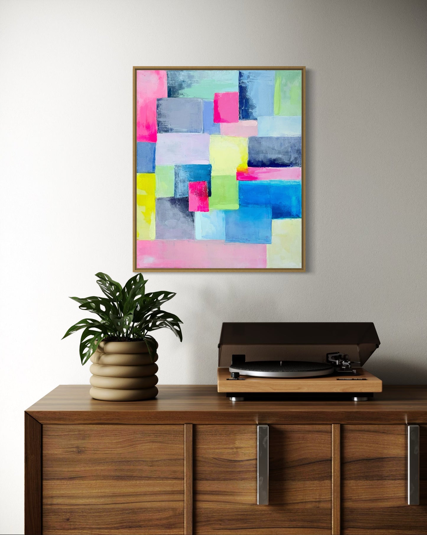 Bold hues and soft gradients collide in this vibrant abstract composition. A modern celebration of color, texture, and balance —perfect for adding a pop of energy to any space! This painting, titled "Wannabe", is 20"x24" on a traditional profile canvas and is perfect wall decor for any preppy, grand millennial, or palm beach decor style. It hangs on a white wall in a traditional hallway.