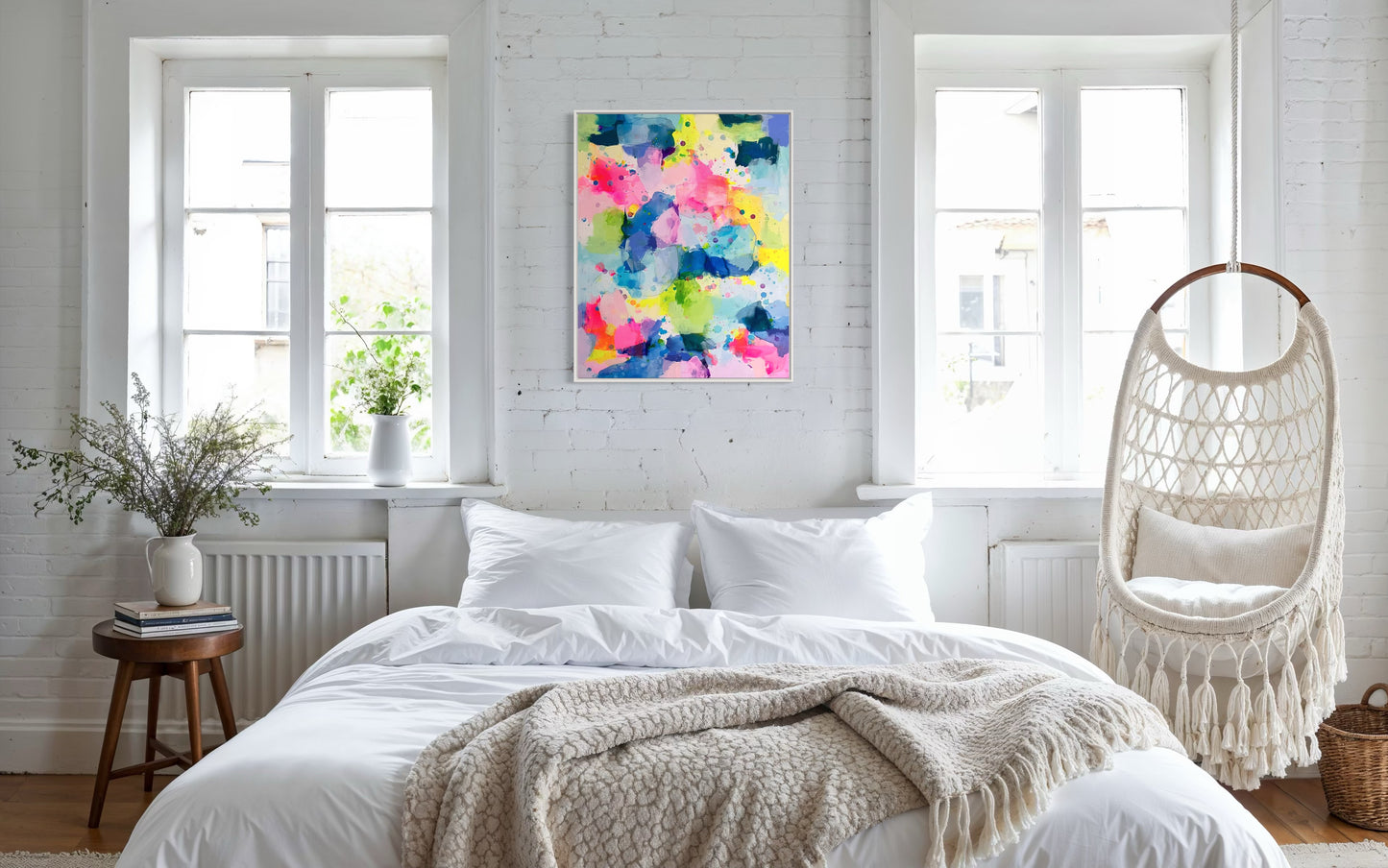 A happy, preppy affordable abstract painting featuring vibrant splashes of pink, blue, yellow, and green. The fluid brushstrokes and playful color combinations create a cheerful, energetic art composition with a watercolor-like effect. The layering of translucent hues and scattered paint splatters evoke a sense of lightness and spontaneity, embodying a bright and uplifting aesthetic for a dopamine boost. This preppy colorful maximalism wall decor hangs on a white wall in a bedroom.