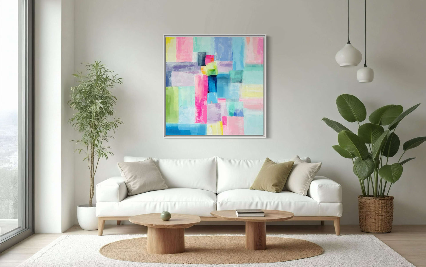 Bold hues and soft gradients collide in this vibrant abstract original painting. A modern celebration of color, texture, and balance —perfect for adding a pop of preppy energy to any space! This affordable art, titled "Jelly Donut", is 36"x36" on a traditional profile canvas and is perfect affordable wall decor for any preppy, grand millennial, or palm beach decor style and hangs in a modern living room.