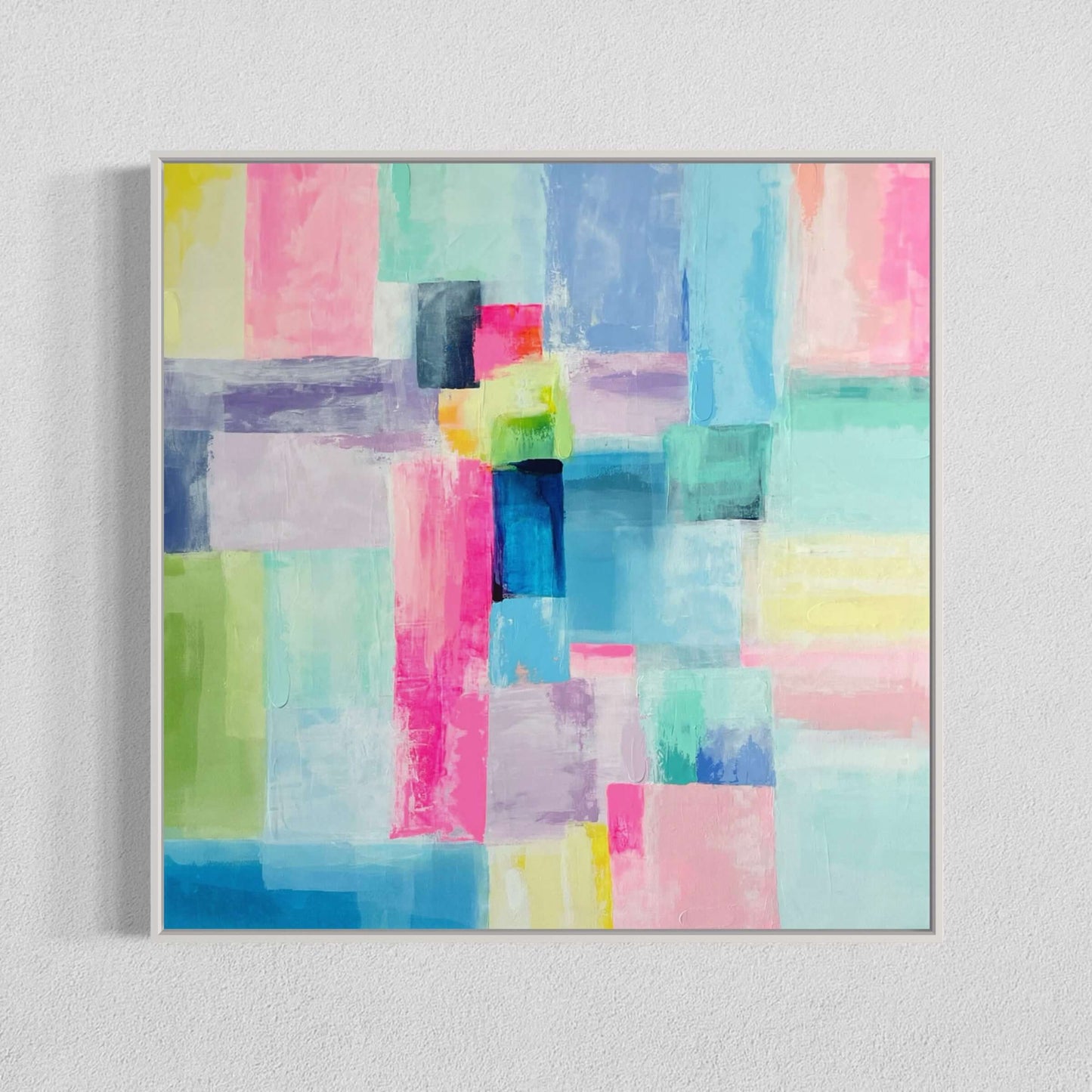 Bold hues and soft gradients collide in this vibrant abstract original painting. A modern celebration of color, texture, and balance —perfect for adding a pop of preppy energy to any space! This affordable art, titled "Jelly Donut", is 36"x36" on a traditional profile canvas and is perfect affordable wall decor for any preppy, grand millennial, or palm beach decor style.