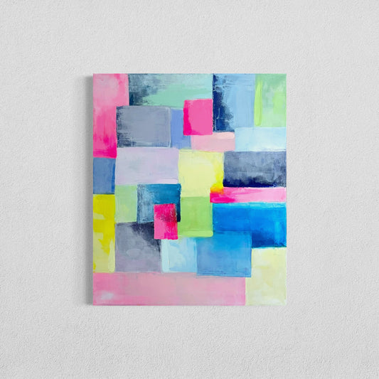 Bold hues and soft gradients collide in this vibrant abstract original painting. A modern celebration of color, texture, and balance —perfect for adding a pop of preppy energy to any space! This affordable art, titled "Wannabe", is 20"x24" on a traditional profile canvas and is perfect wall decor for any preppy, grand millennial, or palm beach decor style.