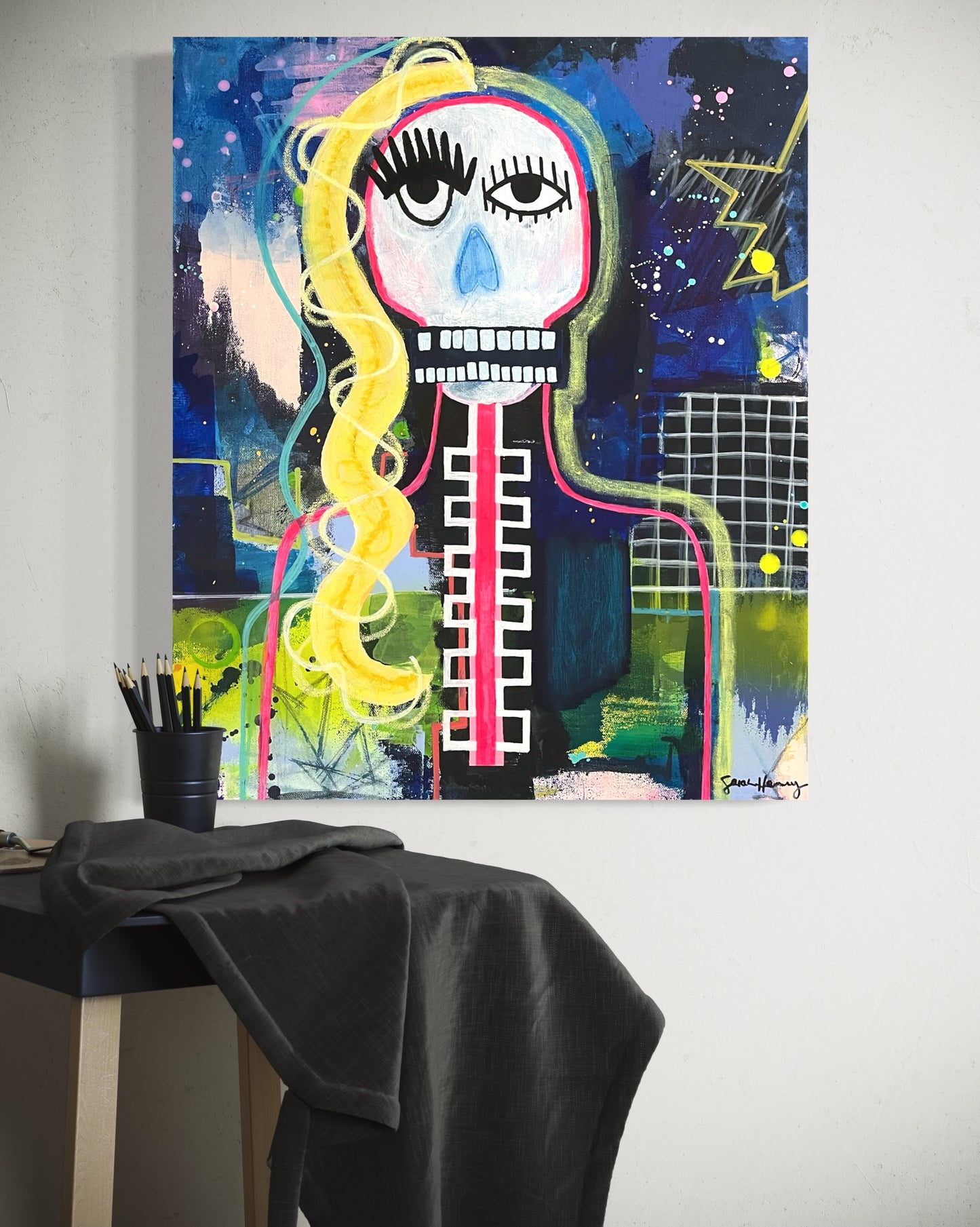 Disjointed, 20"x24" Abstract Expressionist Skull Painting