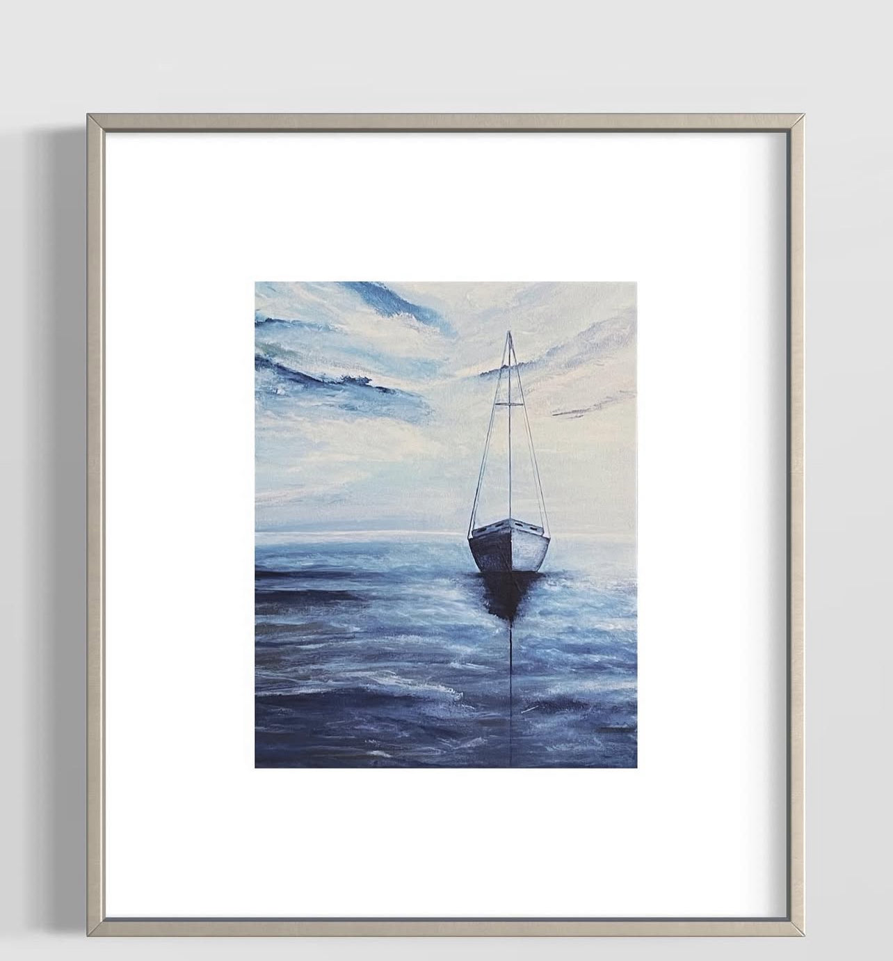 Fine Art Print, Smooth Sailing, giclee print of acrylic ocean painting with a solitary sailboat in blue